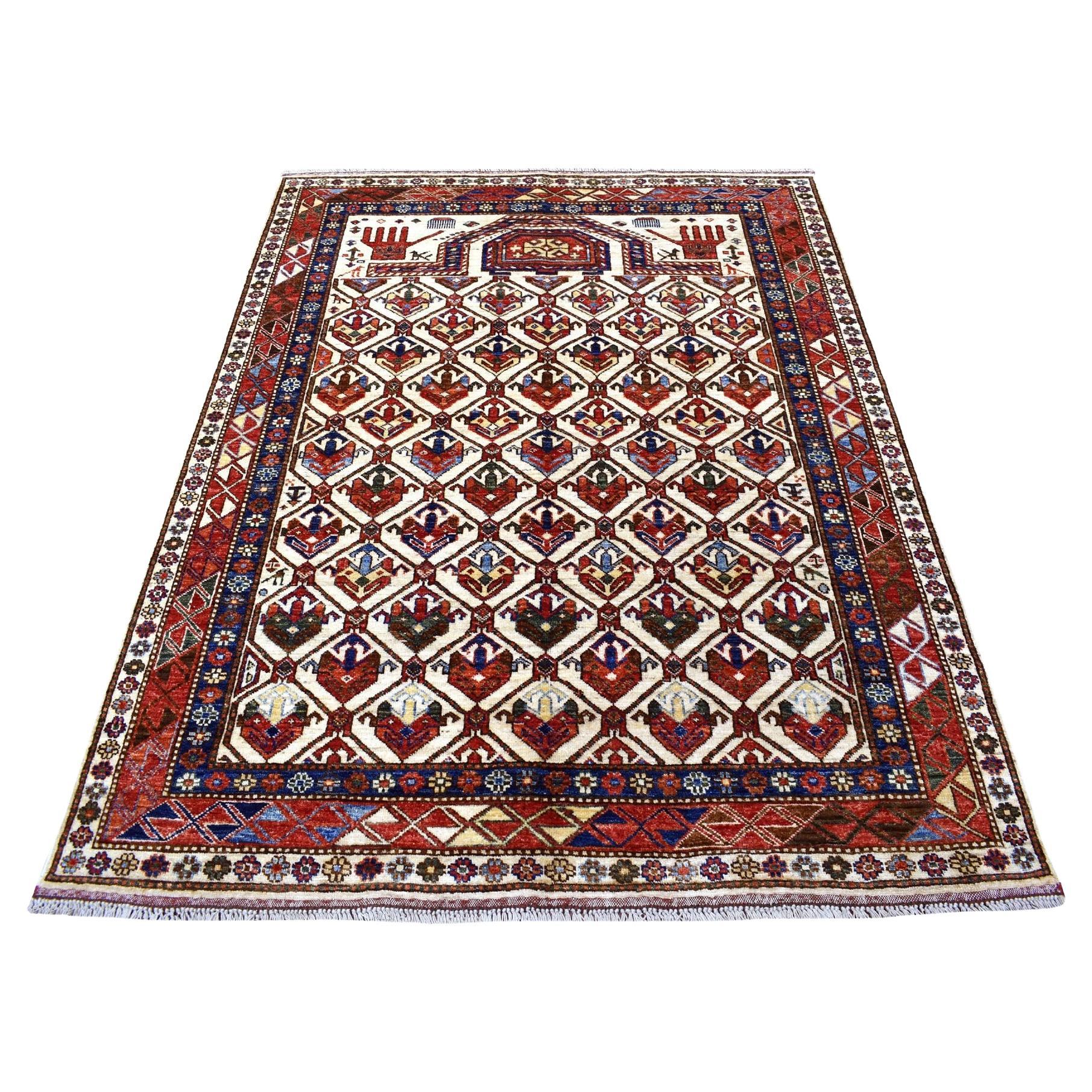 4'10"x6'5" Hand Knotted Ivory Afghan Ersari With Geometric Design Wool Rug