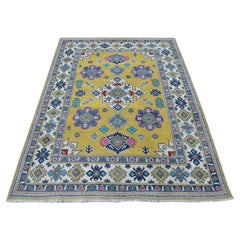 4'10"x6'6"  Tapis noué à la main en pure laine Kazak à motifs géométriques Yellow Fusion
