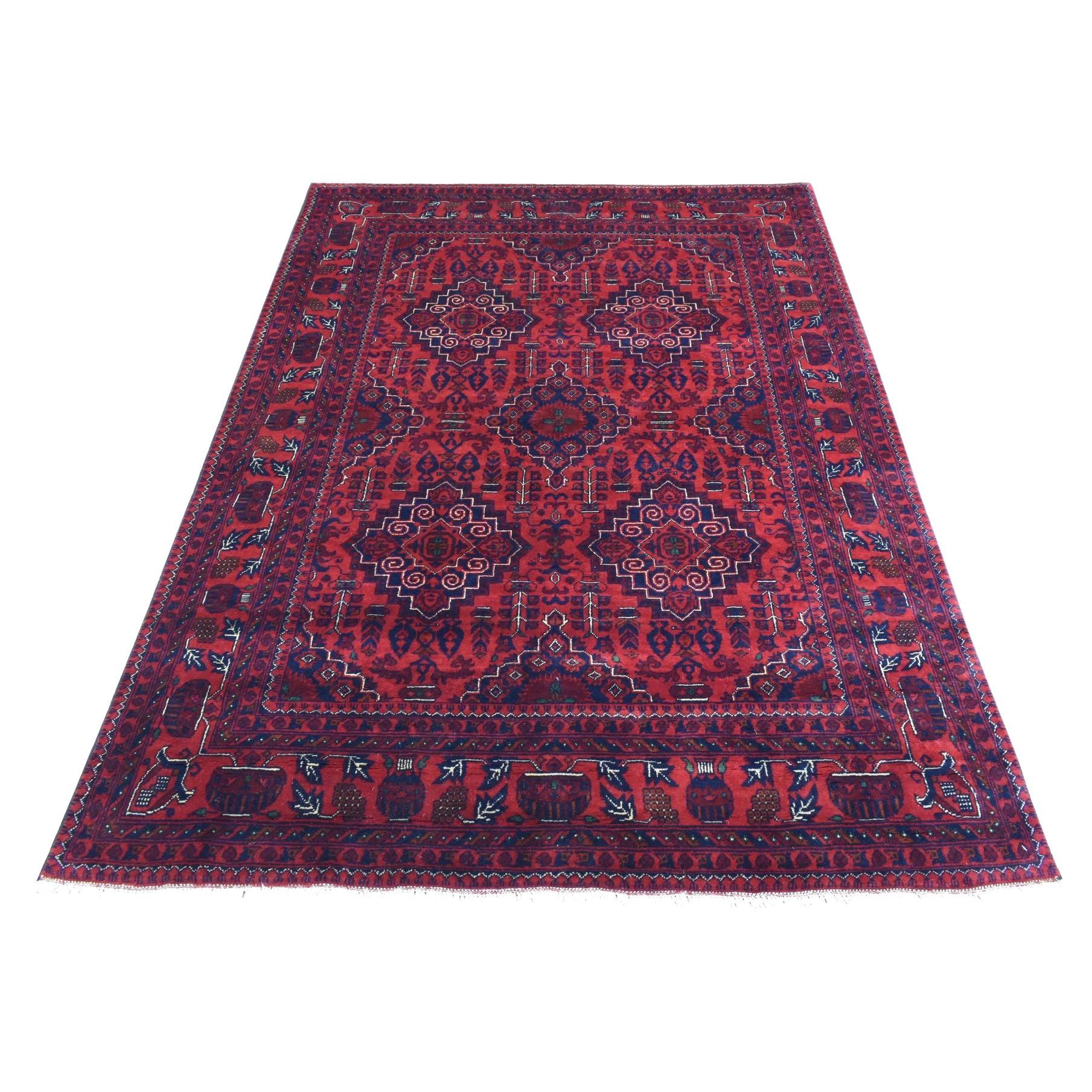 4'10"x6'7" Red Hand Knotted Tribal Design Soft Wool Afghan Khamyab Oriental Rug For Sale