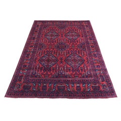4'10"x6'7" Red Hand Knotted Tribal Design Soft Wool Afghan Khamyab Oriental Rug