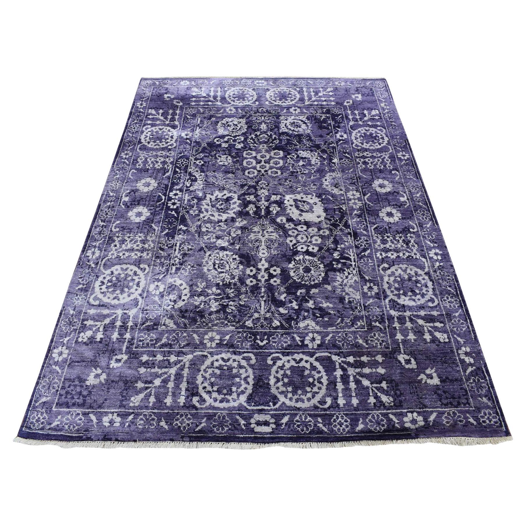 4'10 "x6'8" Medium Purple Tappeto di transizione Tabriz in lana e seta annodato a mano in vendita
