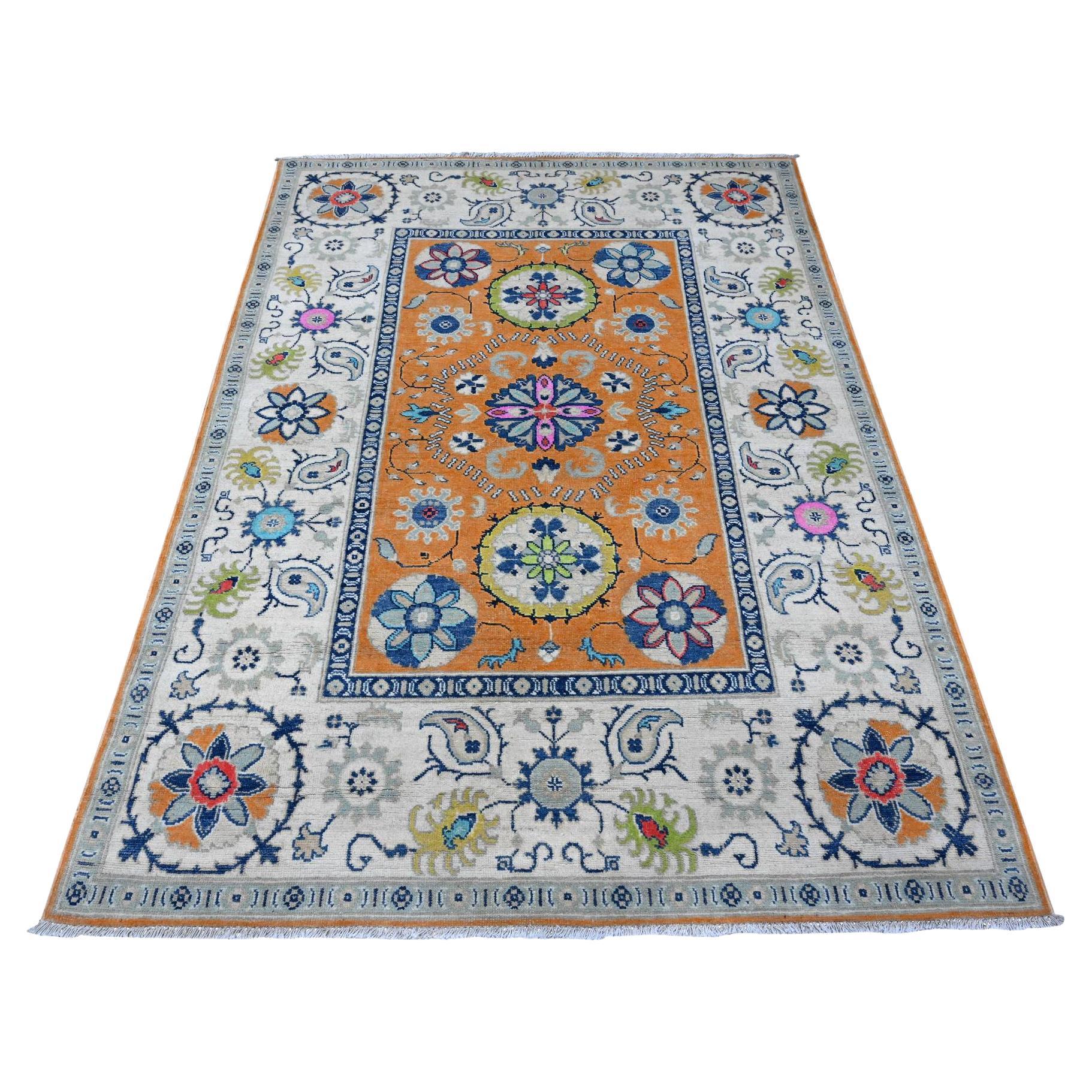 4
10"x6
8" Metallic Orange Colorful Fusion Kazak Caucasian Design Oriental Rug