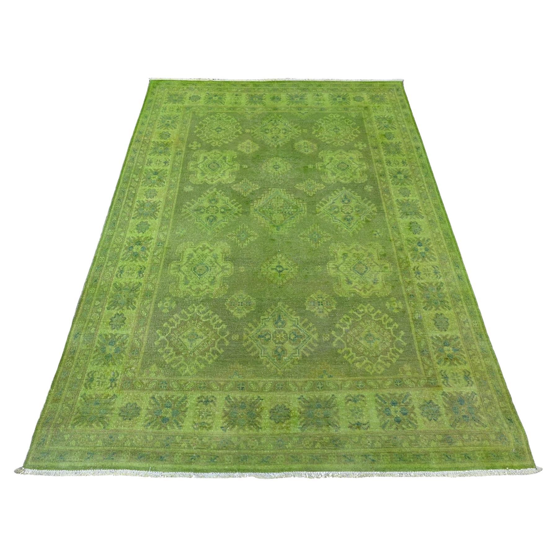 4'10 "x6'9" Pear Green Overdyed Kazak Tribal Design Pure Wool Hand Knots Rugs