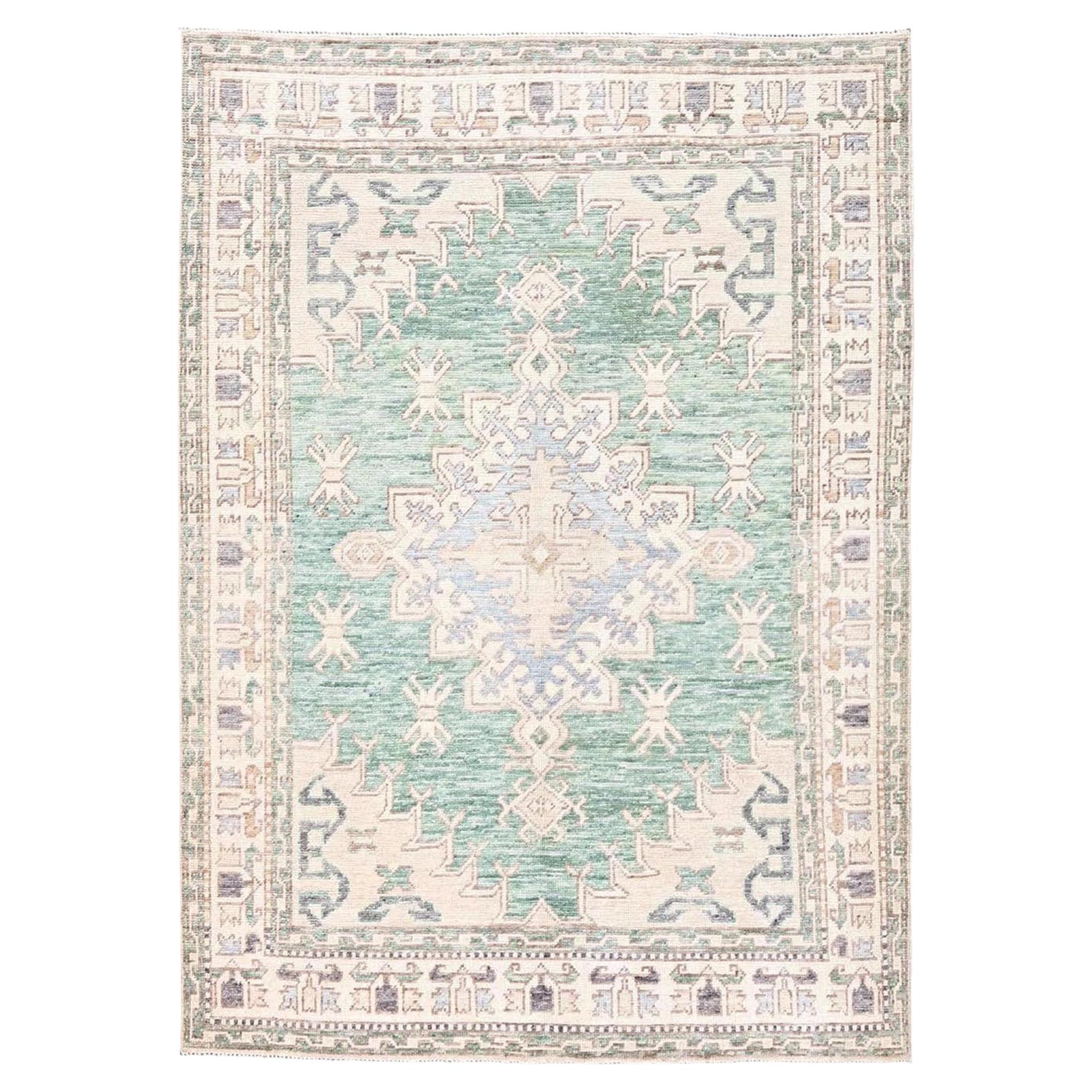 4'10"x7' Green Zero Pile Anatolian Village Design Hand Knotted Pure Wool Rug