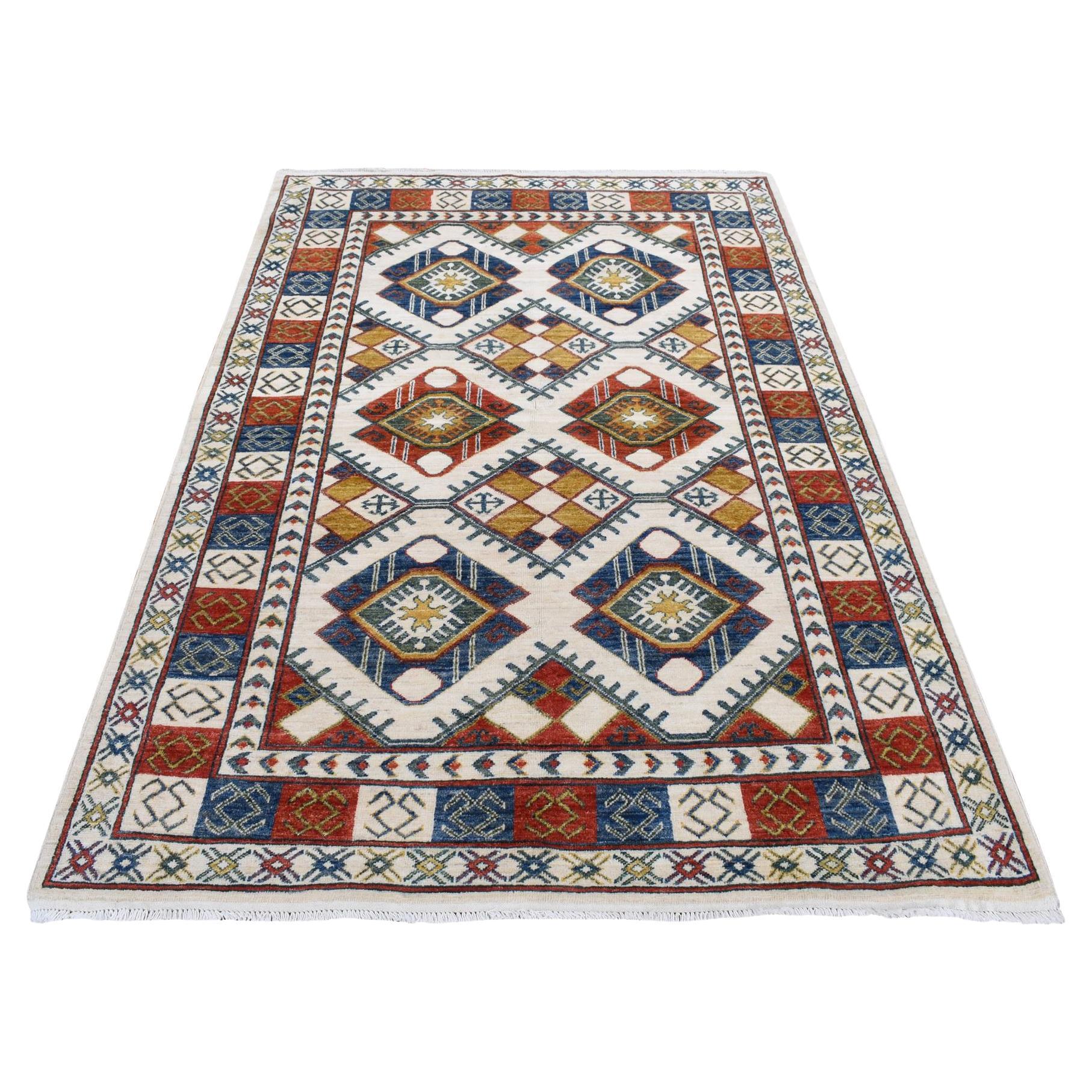 4'10 "x7' Elfenbein Reine Wolle Wiederholendes Design Afghan Ersari Handgeknüpfter Teppich im Angebot
