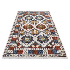 4'10 "x7' Elfenbein Reine Wolle Wiederholendes Design Afghan Ersari Handgeknüpfter Teppich