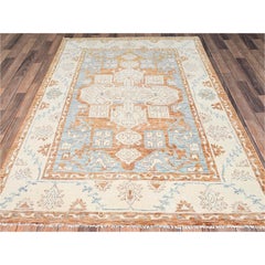 4'10"x7' Light Blue Anatolian Village Design Turkish Knot Hand Knotted Wool Rug