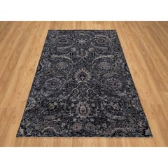 4'10"x7' Phantom Black Hand Knotted Sickle Leaf Design Wool and Silk Rug
