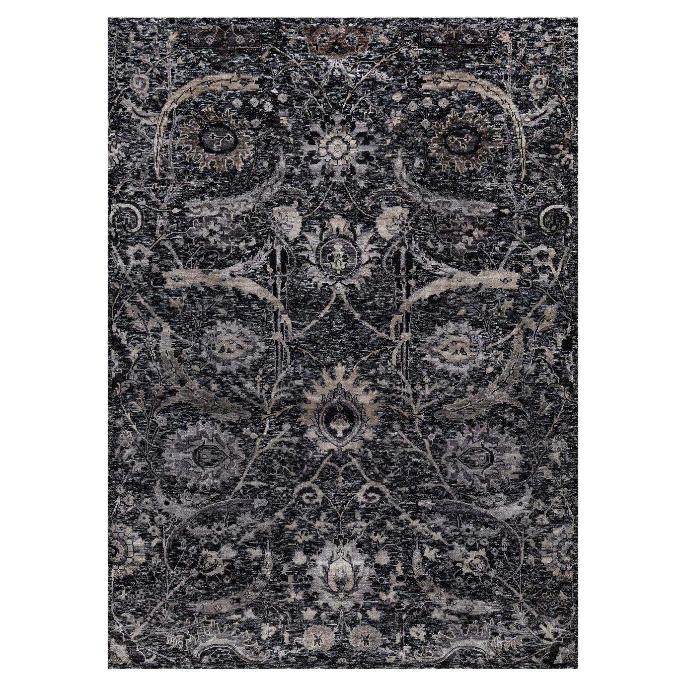 4'10 "x7' Alfombra Phantom Negra Anudada a Mano Diseño Hoja de Hoz Lana y Seda