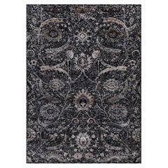4'10 "x7' Alfombra Phantom Negra Anudada a Mano Diseño Hoja de Hoz Lana y Seda