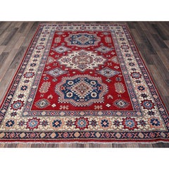 4'10"x7' Red Kazak with Geometric Medallions Design Hand Knotted Soft Wool Rug
