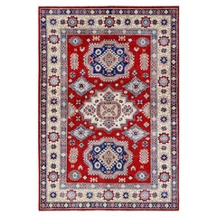 4'10 "x7' Tappeto Kazak rosso con medaglioni geometrici in lana morbida annodata a mano