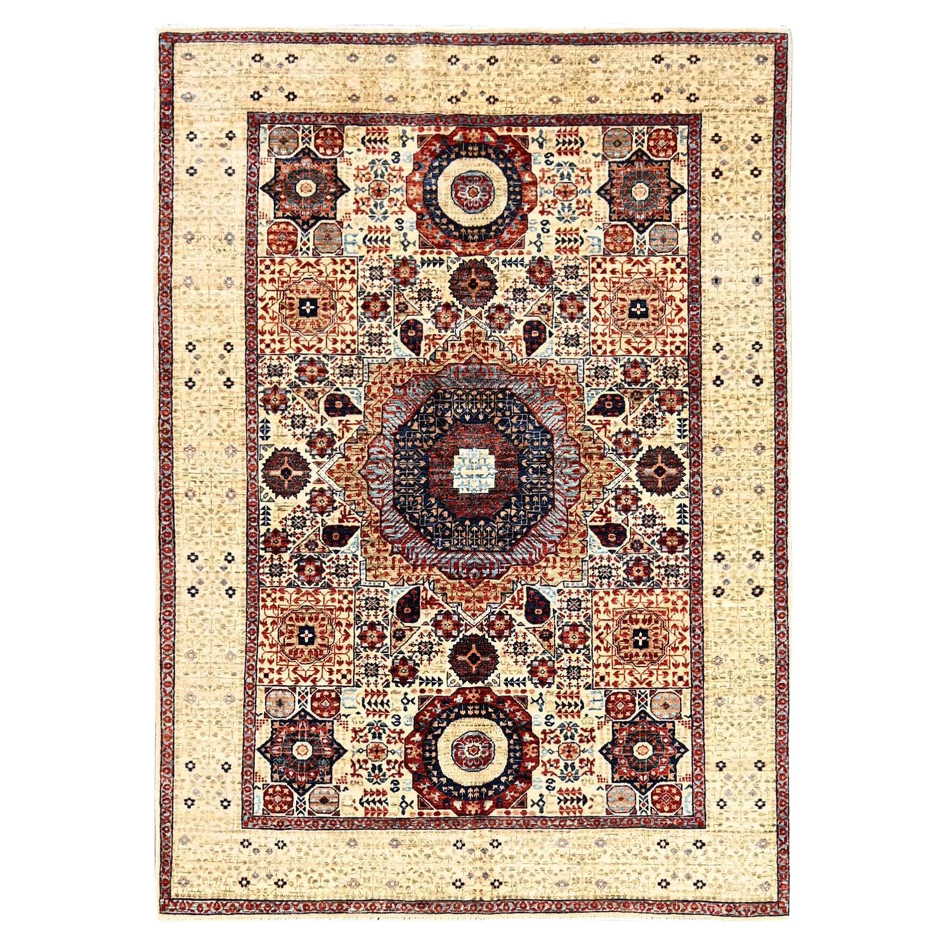 4'10 "x7' Blanc, noué à la main, 100% laine, Mamluke Design, Tapis d'Orient