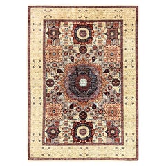 4'10"x7' White, Hand Knotted, 100% Wool, Mamluk Design, Oriental Rug