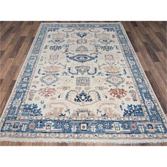Tappeto orientale in lana annodato a mano, modello Heriz turco a pelo corto, colore avorio, 4'10" x 7'1"