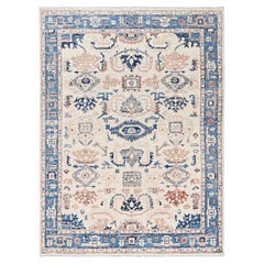 Tappeto orientale in lana annodato a mano, modello Heriz turco a pelo corto, colore avorio, 4'10" x 7'1"
