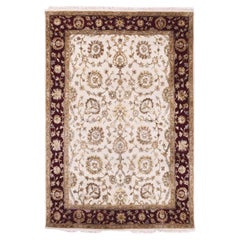 4'10"x7'3" Moderne White Rajasthan Leaf Design Hand Knotted Wool and Silk Rug