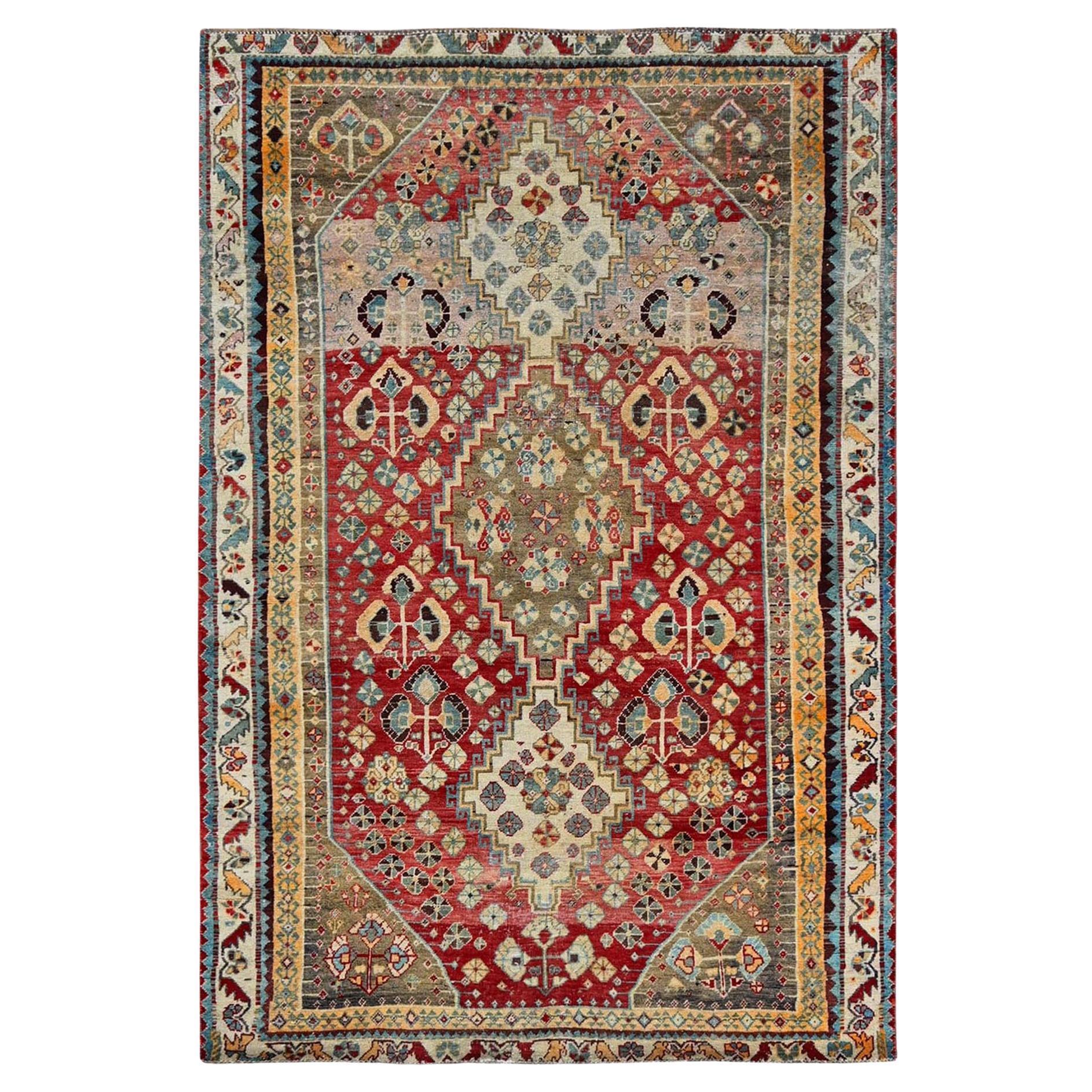 4'10 "x7'4" Crimson Red Vintage Persian Shiraz Hand Knotsted All Wool Oriental Rug