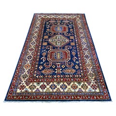 4'10"x7'5" Navy Blue Pure Wool Hand Knotted Afghan Super Kazak Oriental Rug