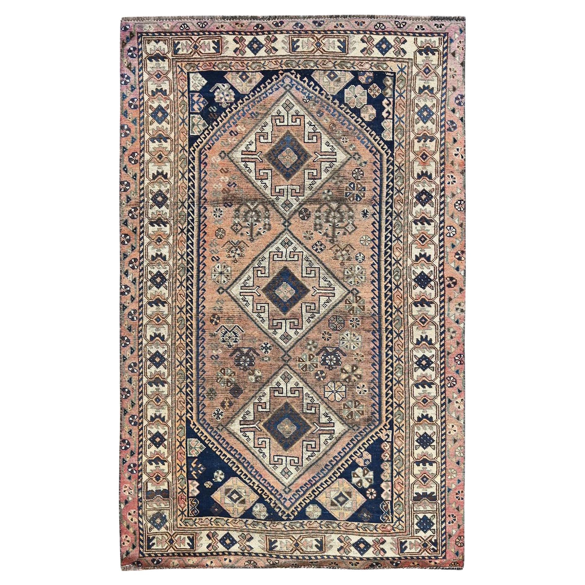 4'10 "x8'1" Biskuitbraun Vintage Persisch Shiraz Handgeknüpft Wolle Orientteppich im Angebot