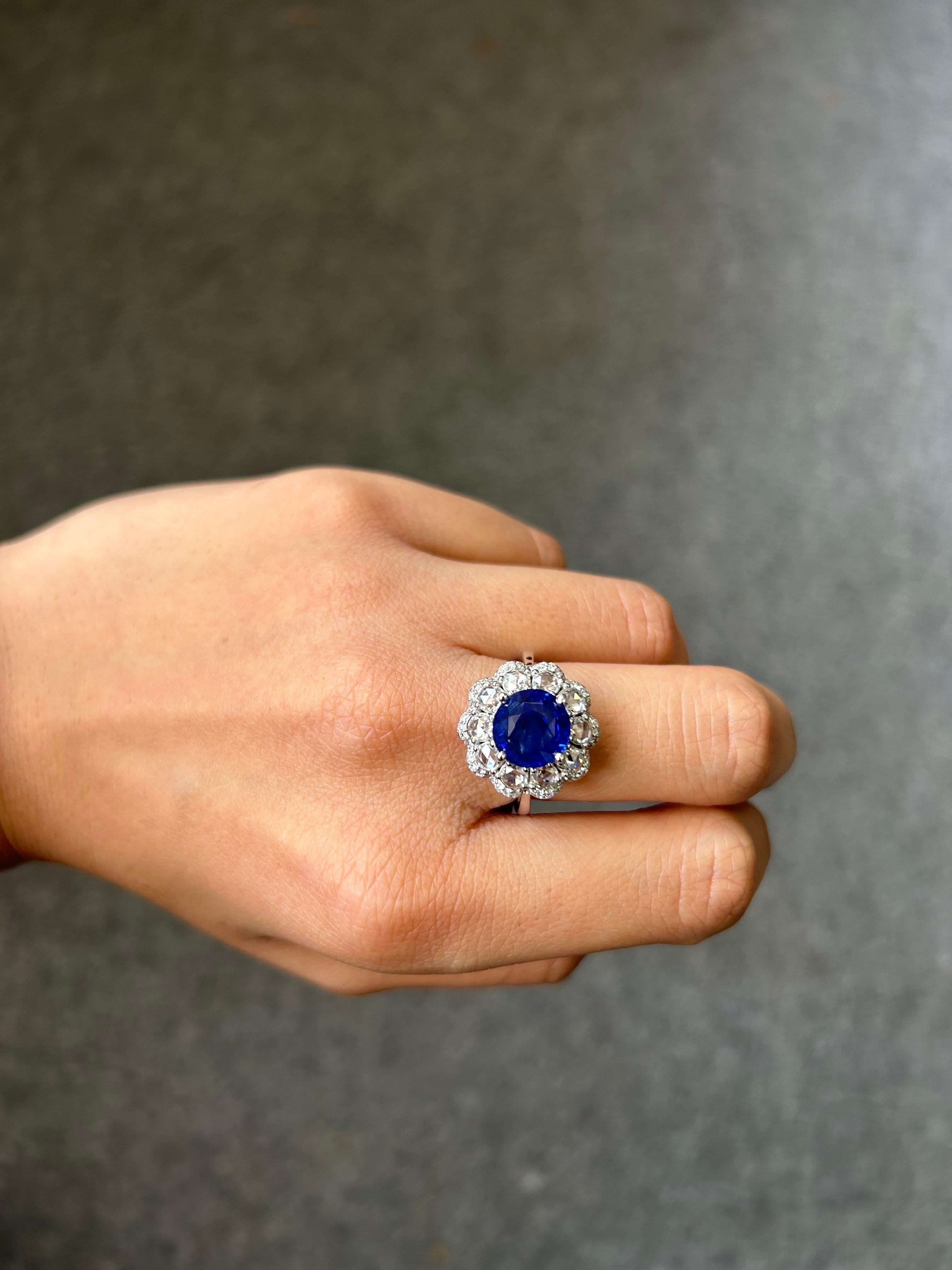 Round Cut 4.11 Carat Ceylon Blue Sapphire & Diamond Engagement Ring For Sale