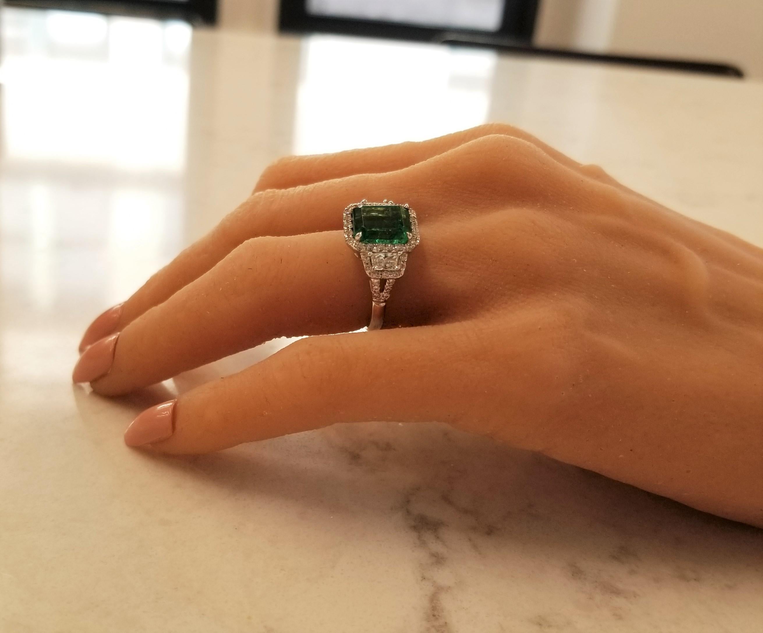 Women's 4.11 Carat Emerald Cut Emerald and Diamond Cocktail Ring in 18 Karat White Gold