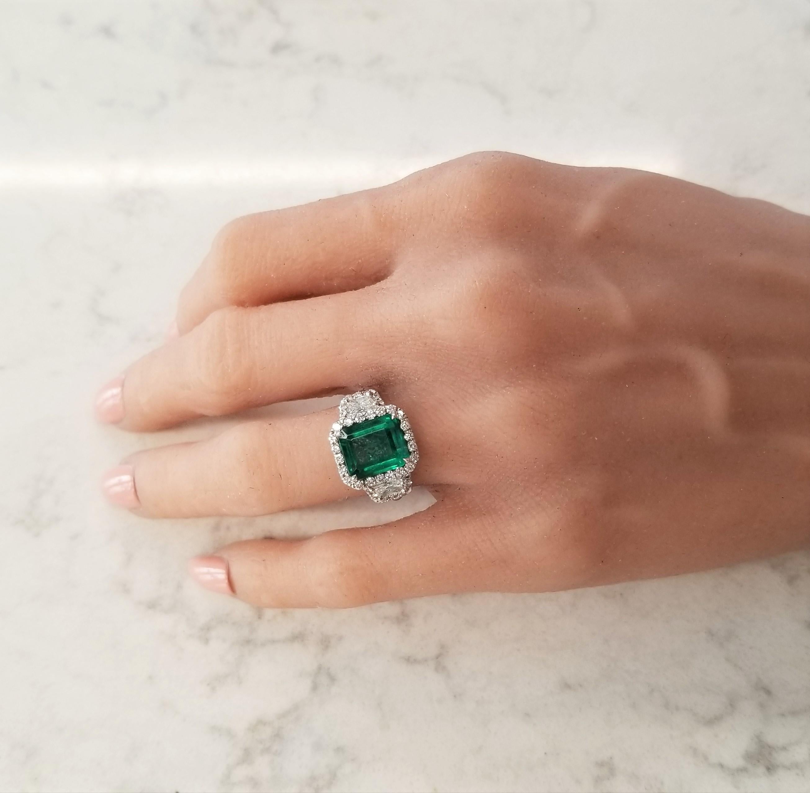 4.11 Carat Emerald Cut Emerald and Diamond Cocktail Ring in 18 Karat White Gold 1