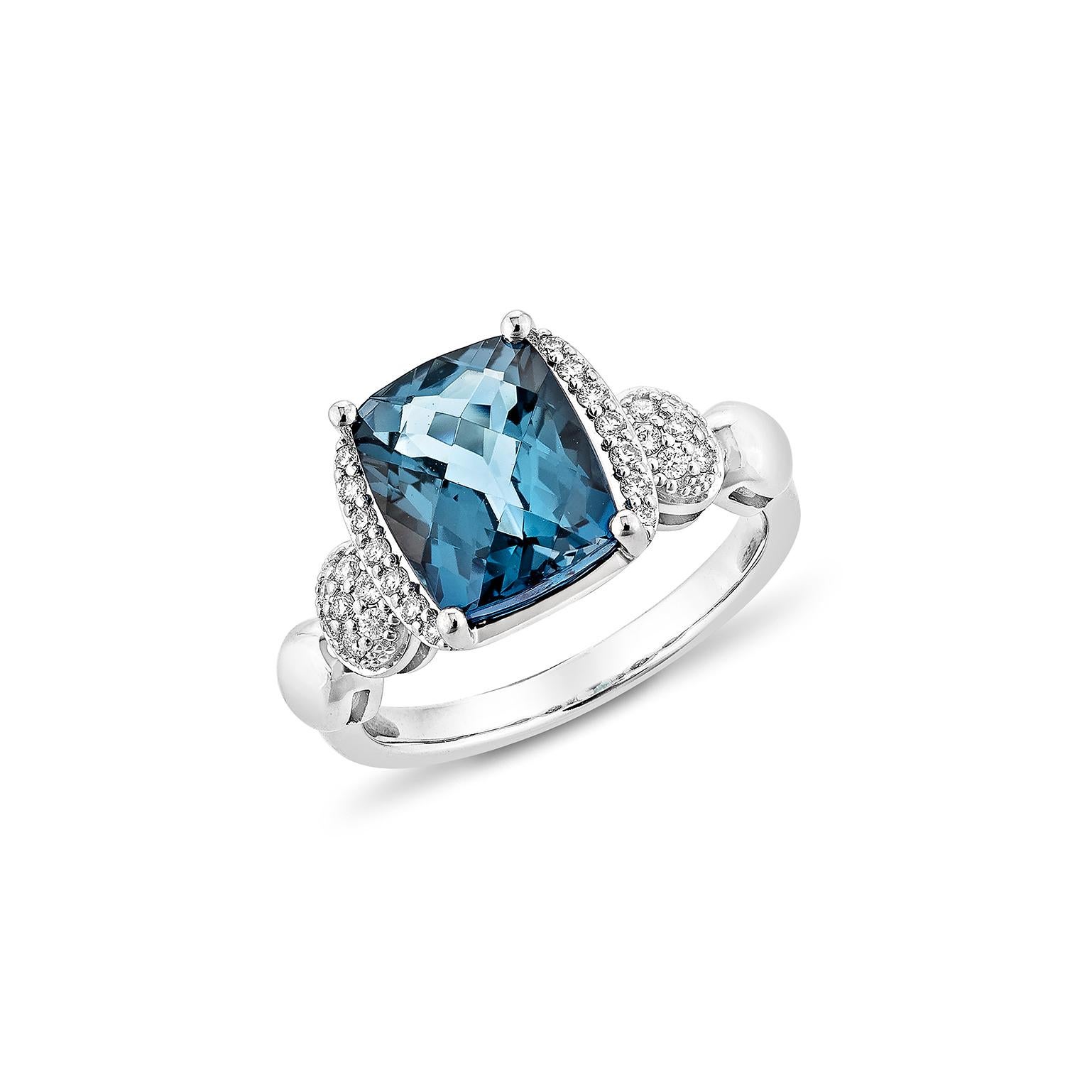 Contemporary 4.11 Carat London Blue Topaz Fancy Ring in 18Karat White Gold with Diamond. For Sale