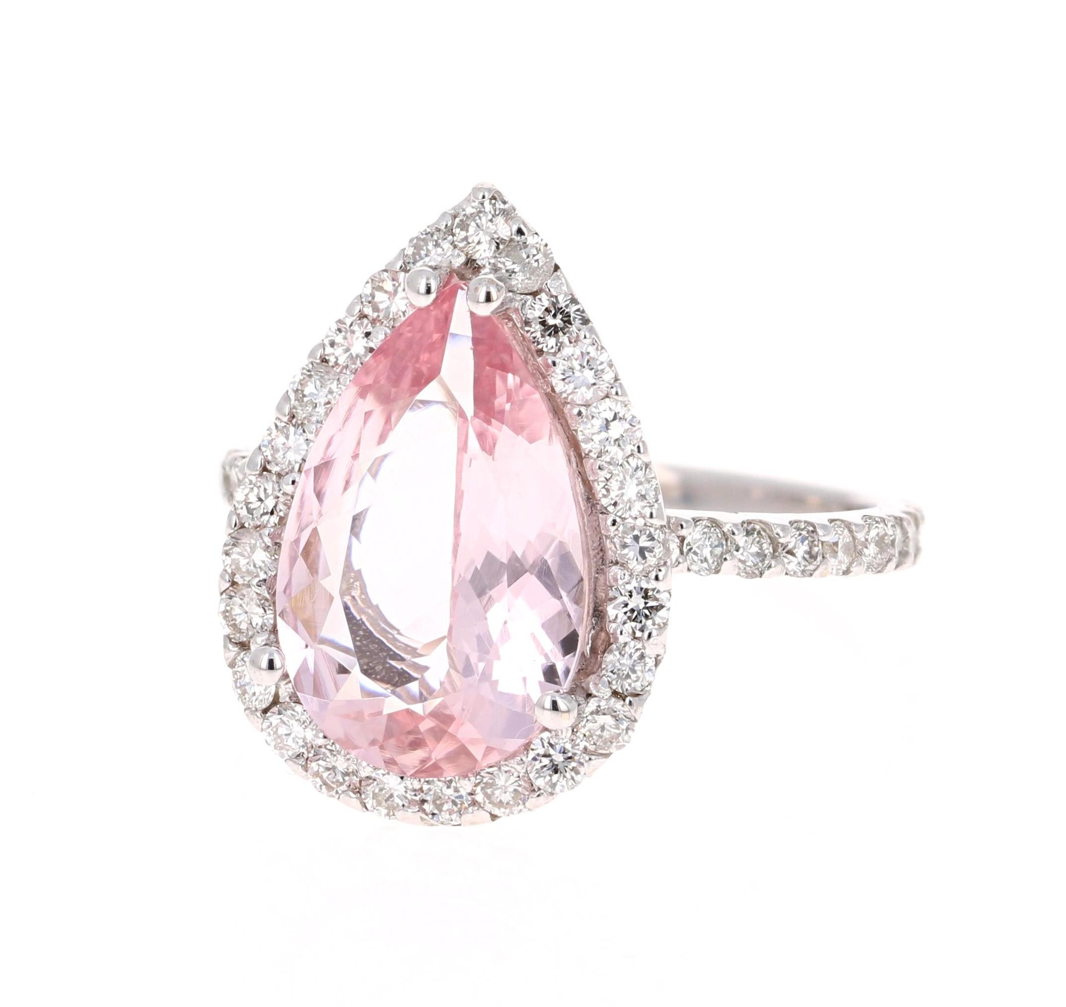 Modern 4.11 Carat Pear Cut Pink Morganite Diamond 18 Karat White Gold Engagement Ring