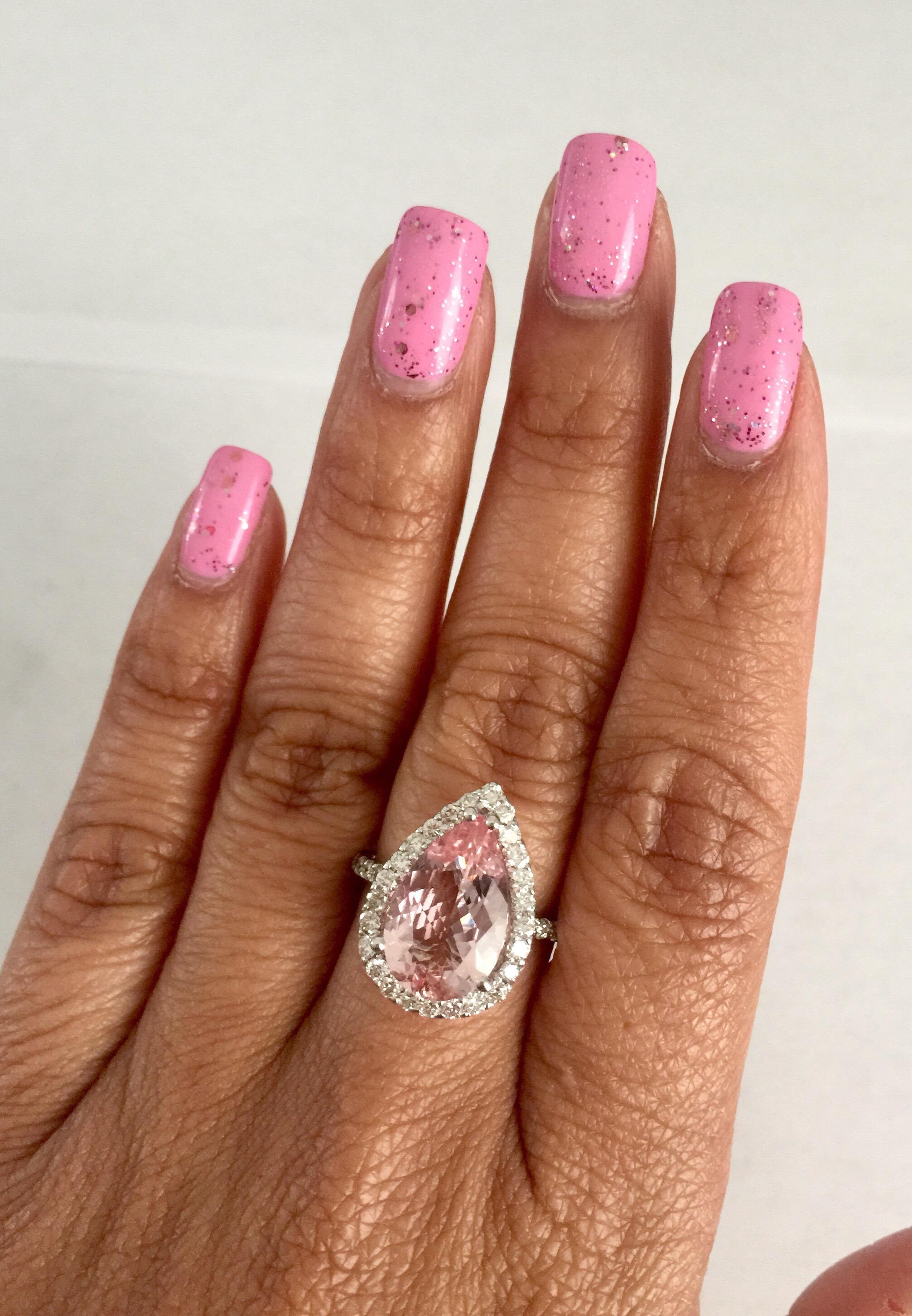 Women's 4.11 Carat Pear Cut Pink Morganite Diamond 18 Karat White Gold Engagement Ring