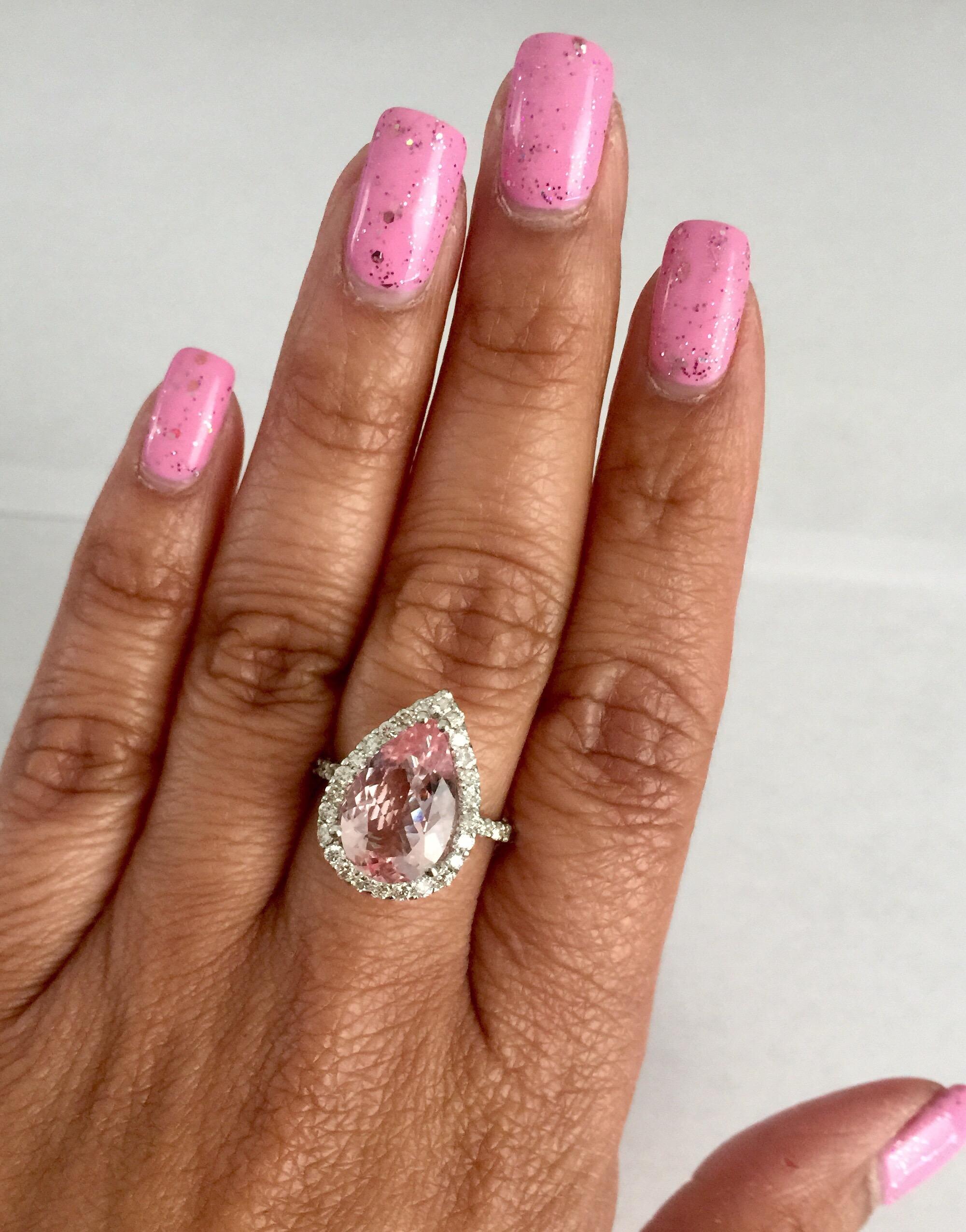 4.11 Carat Pear Cut Pink Morganite Diamond 18 Karat White Gold Engagement Ring 1