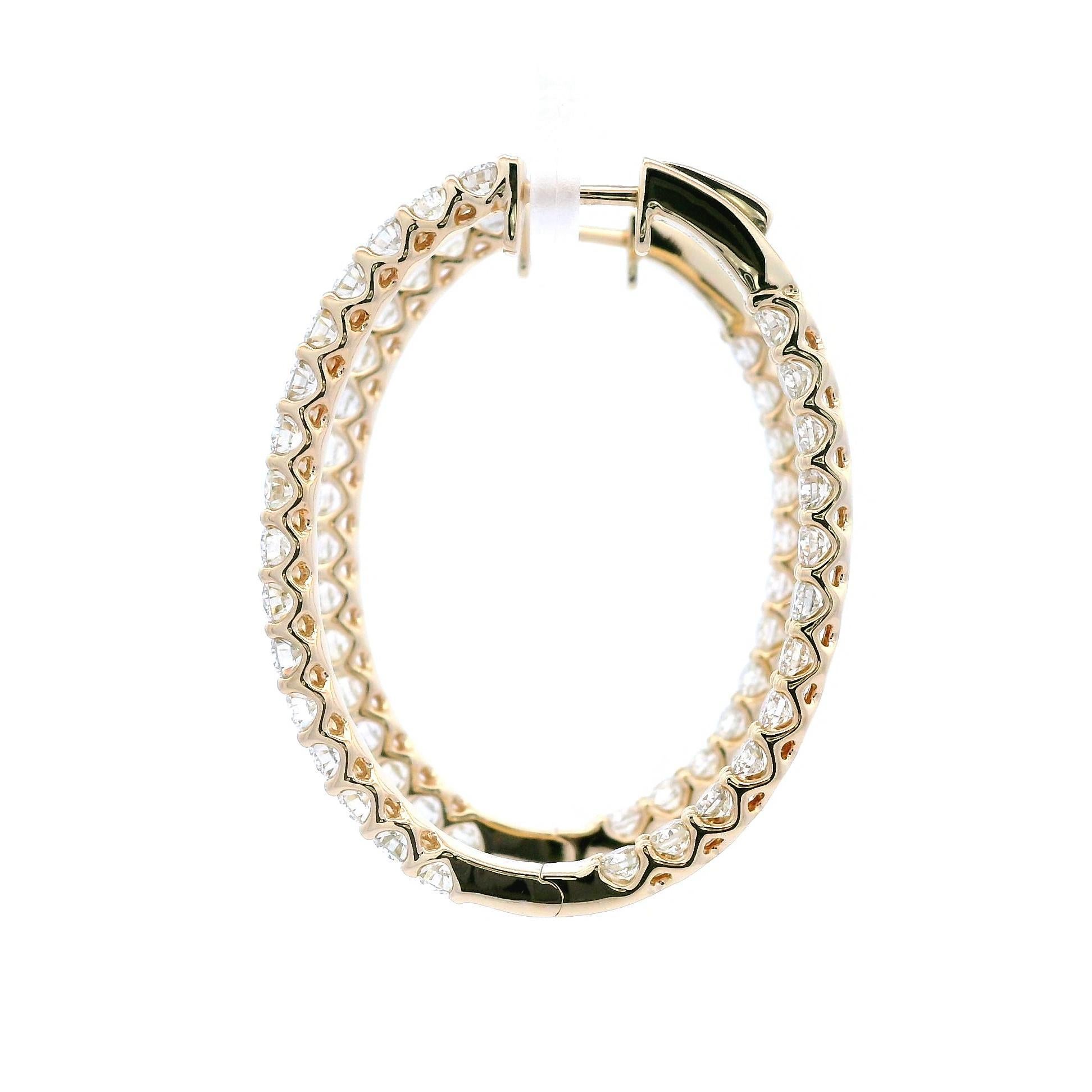 Contemporary 4.11 Carat Round Diamond Hoop Earrings Yellow Gold For Sale