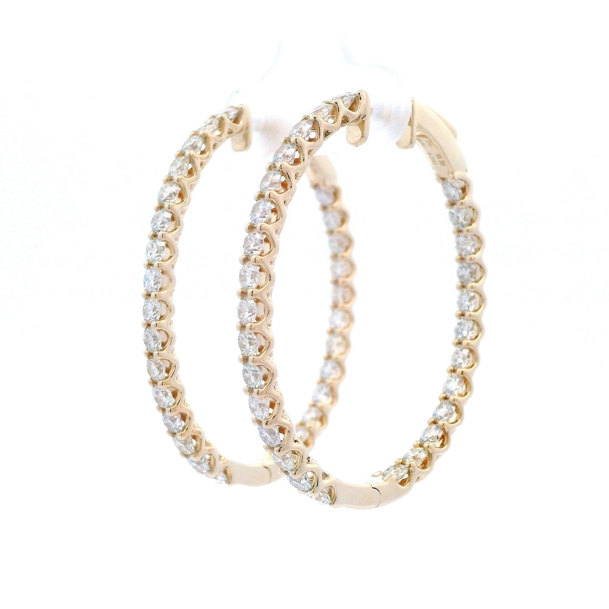 Round Cut 4.11 Carat Round Diamond Hoop Earrings Yellow Gold For Sale