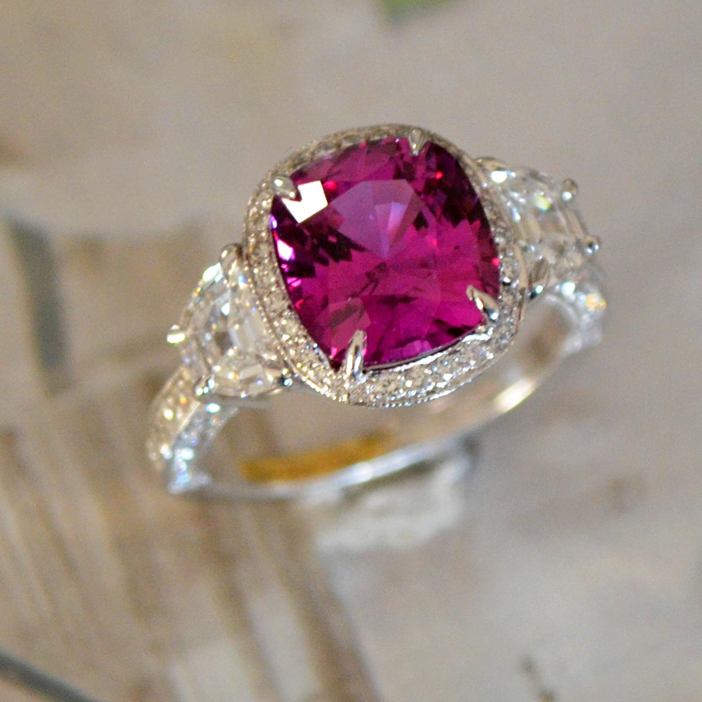 Cushion Cut 4.11 Carat Vivid Pink Sapphire No Heat, Set with Half Moons in Platinum For Sale
