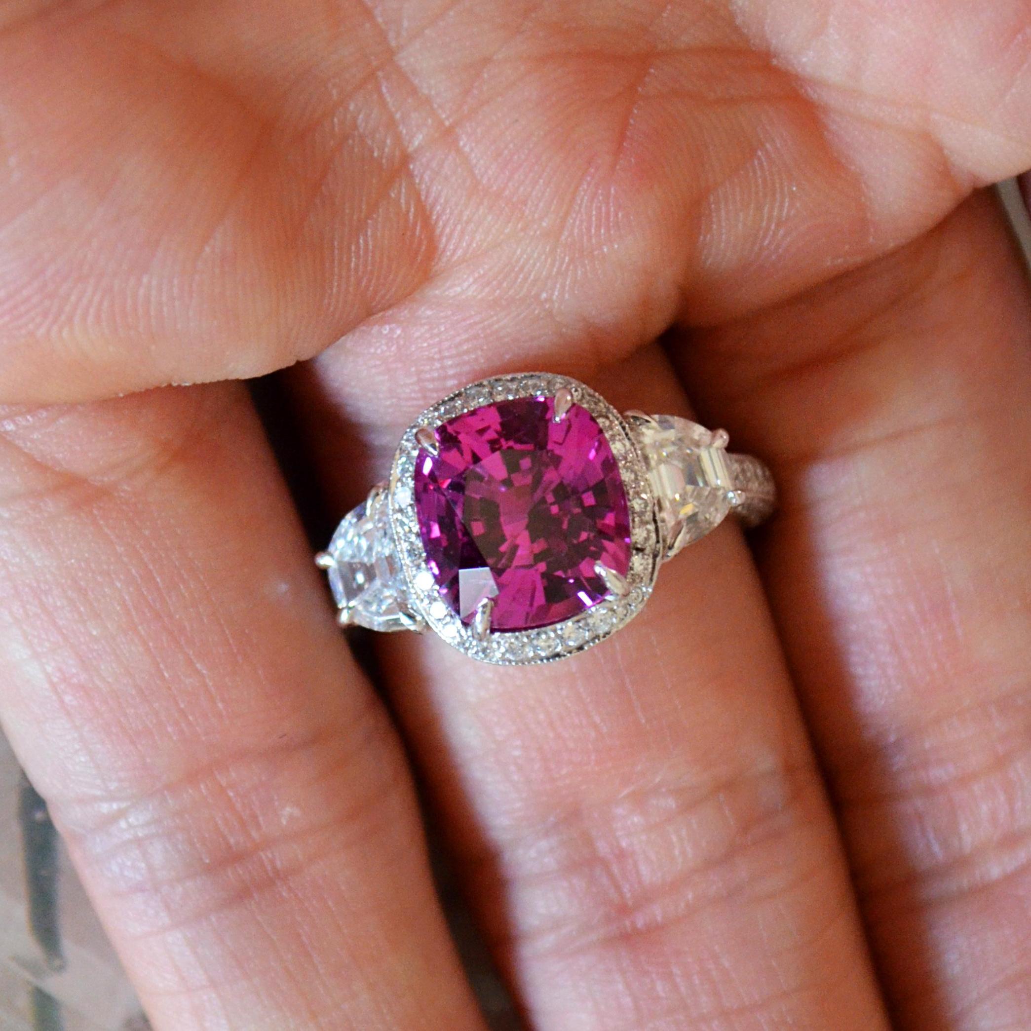 4.11 Carat Vivid Pink Sapphire No Heat, Set with Half Moons in Platinum In New Condition For Sale In West Hollywood, CA