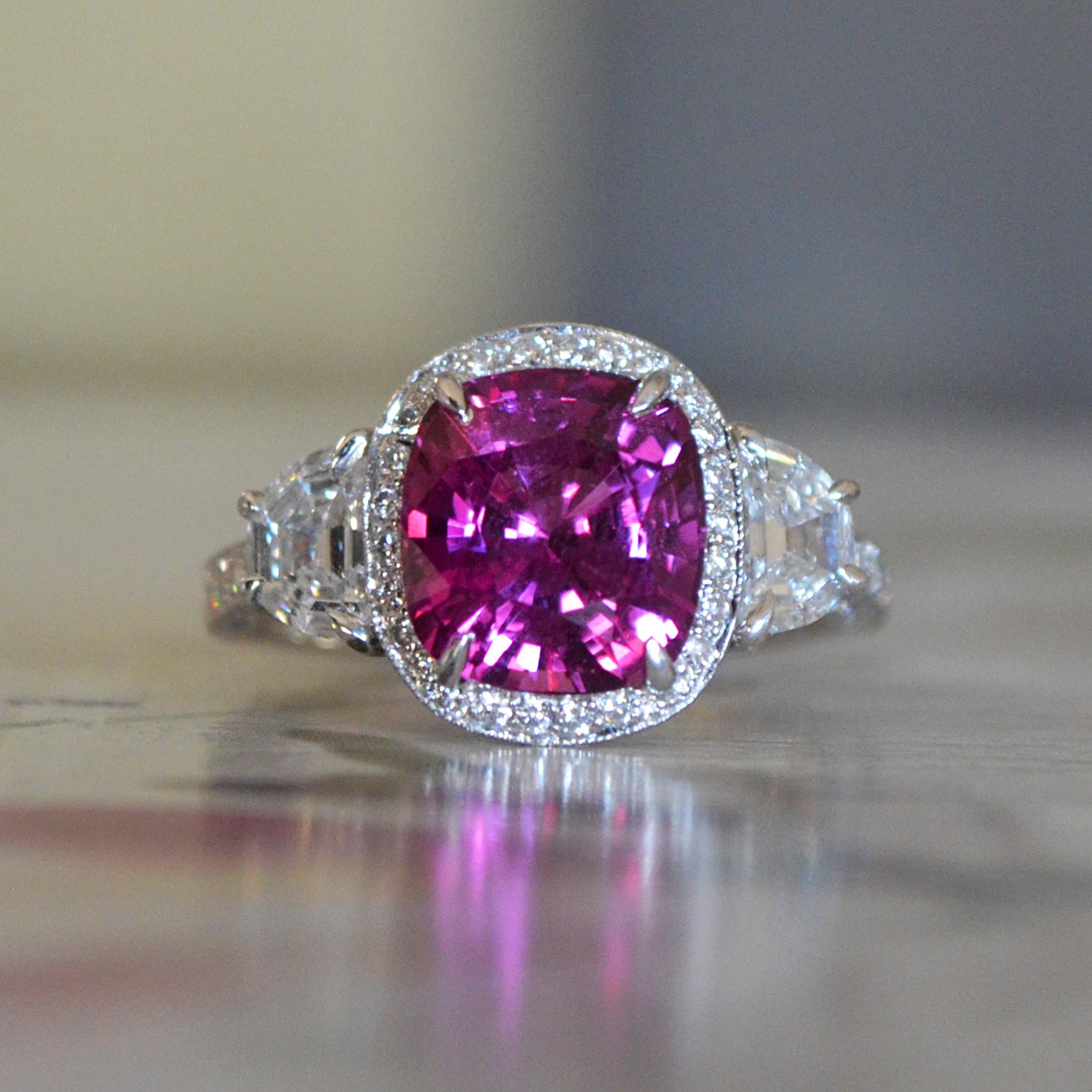 Women's 4.11 Carat Vivid Pink Sapphire No Heat, Set with Half Moons in Platinum For Sale