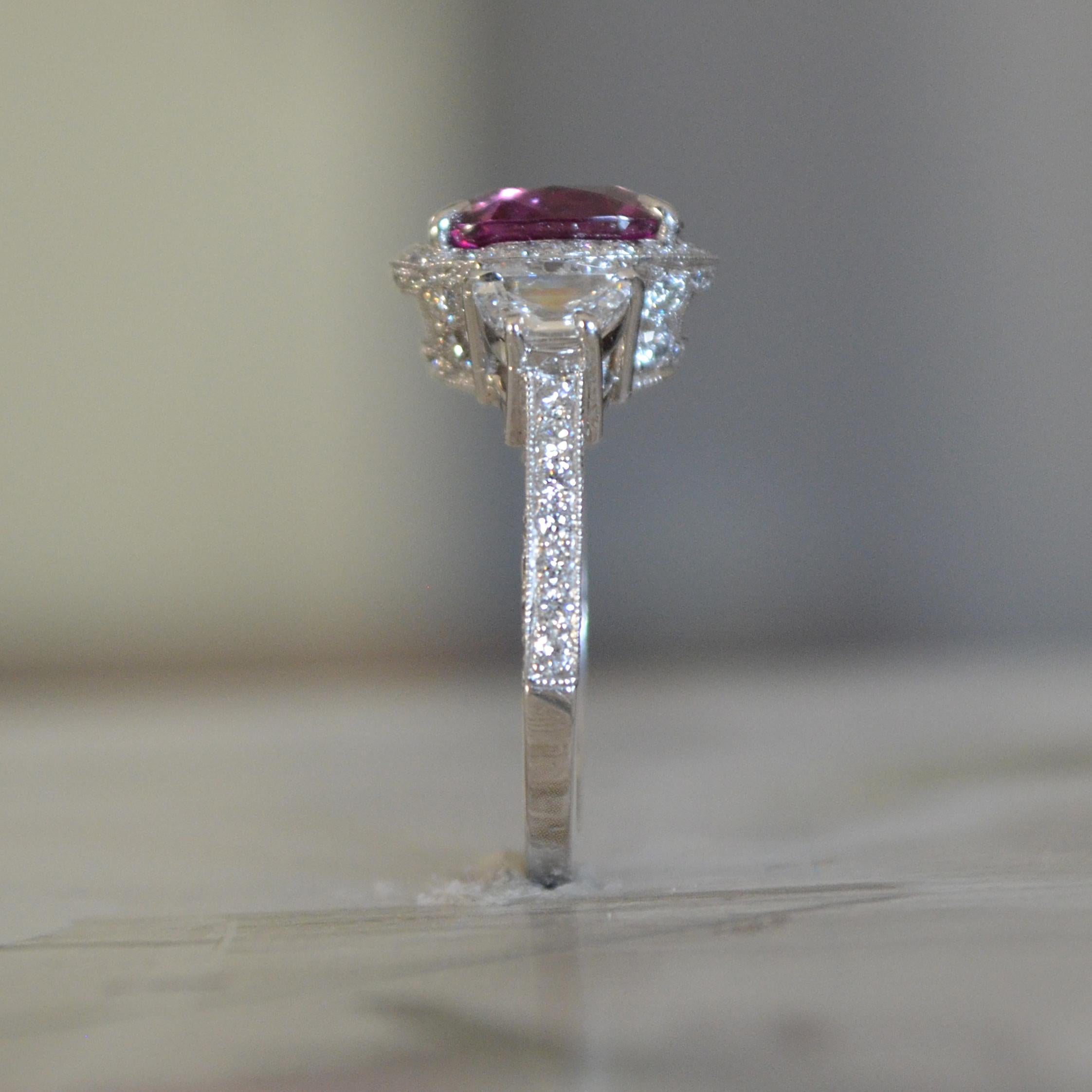 4.11 Carat Vivid Pink Sapphire No Heat, Set with Half Moons in Platinum For Sale 3