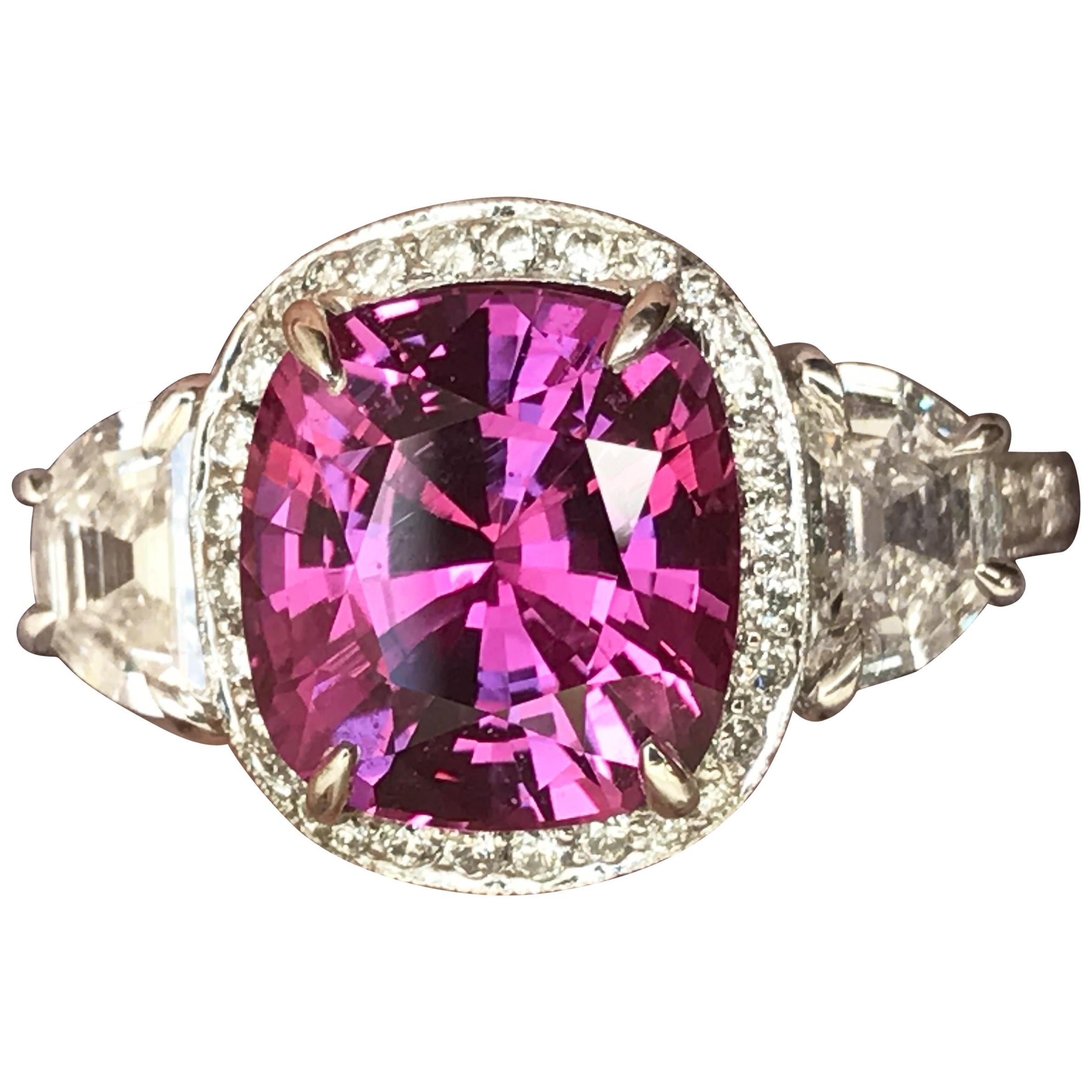 4.11 Carat Vivid Pink Sapphire No Heat, Set with Half Moons in Platinum For Sale