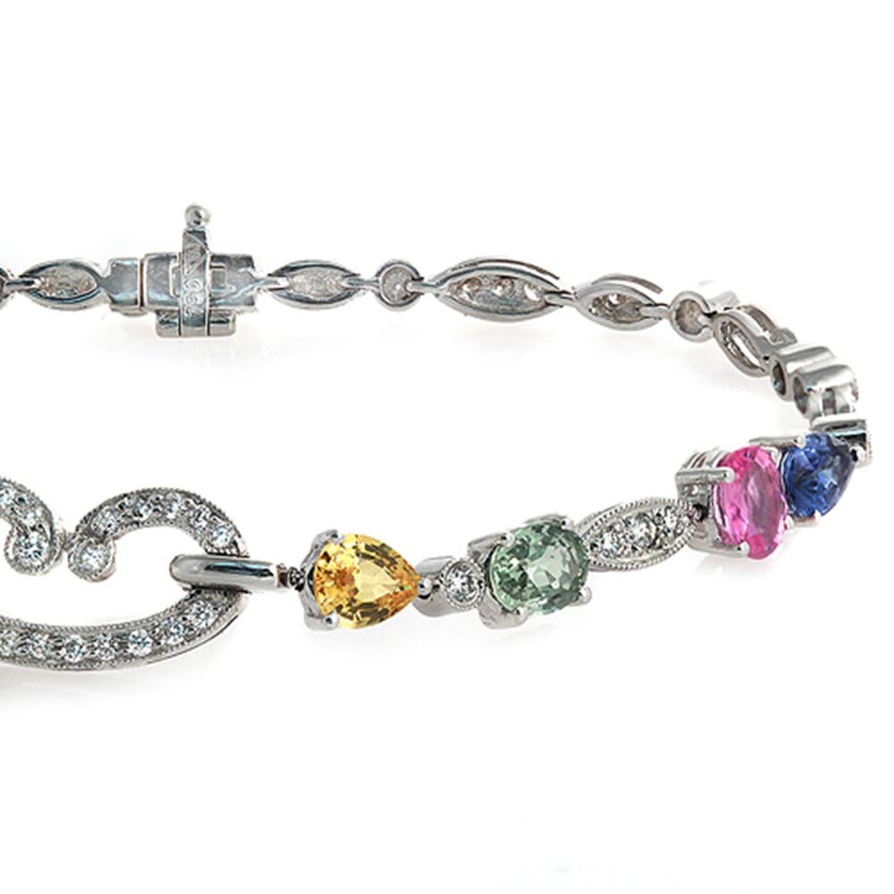 4.11 Ct Multicolor Sapphires 0.95 Ct Diamonds in 18k Gold White Bracelet In New Condition For Sale In Los Angeles, CA