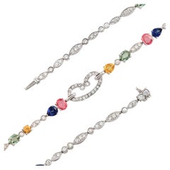 4.11 Ct Multicolor Sapphires 0.95 Ct Diamonds in 18k Gold White Bracelet