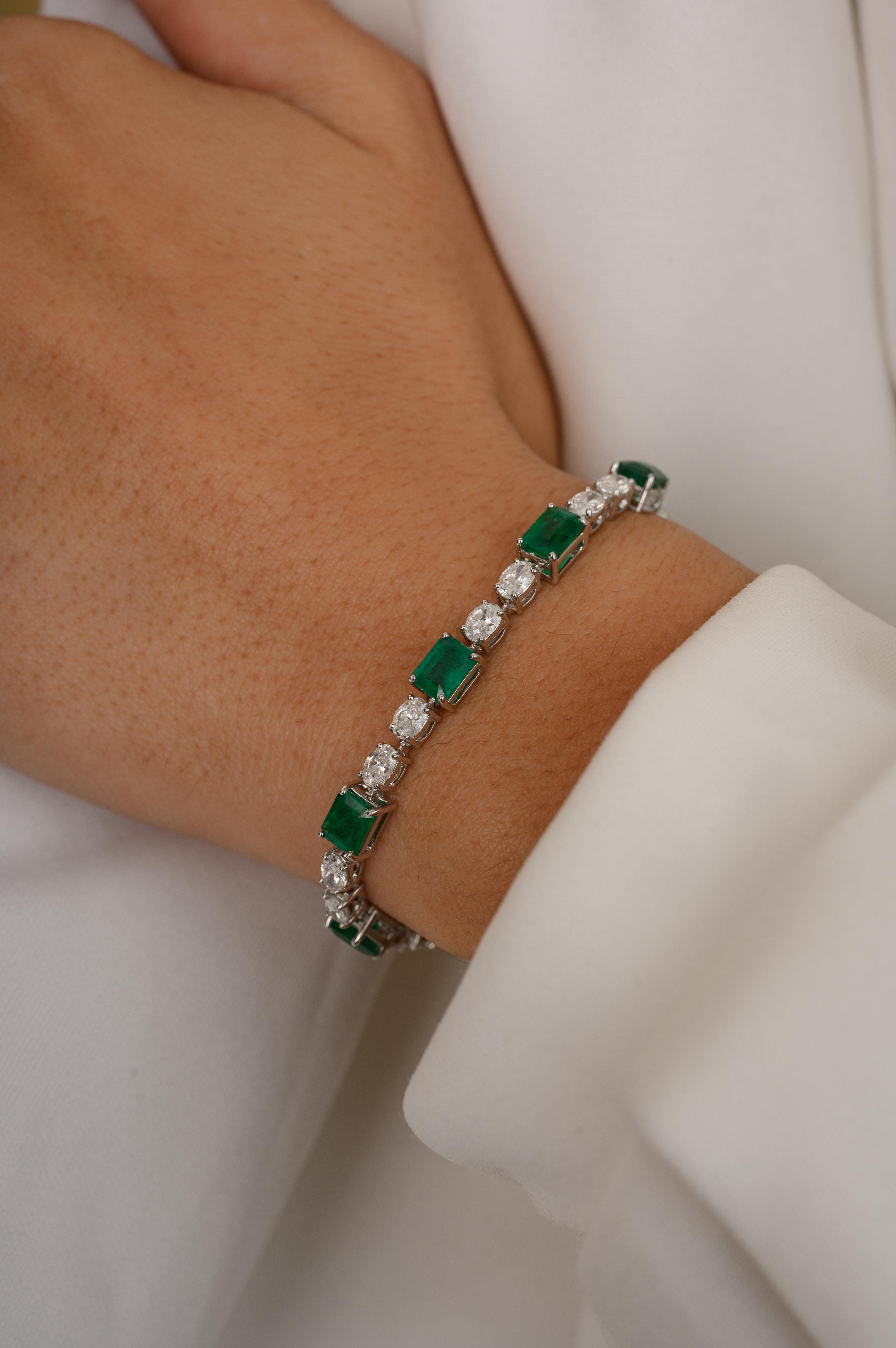 Women's 4.11 CTW Emerald and 2.24 CTW Diamond Tennis Bracelet in 18K White Gold For Sale