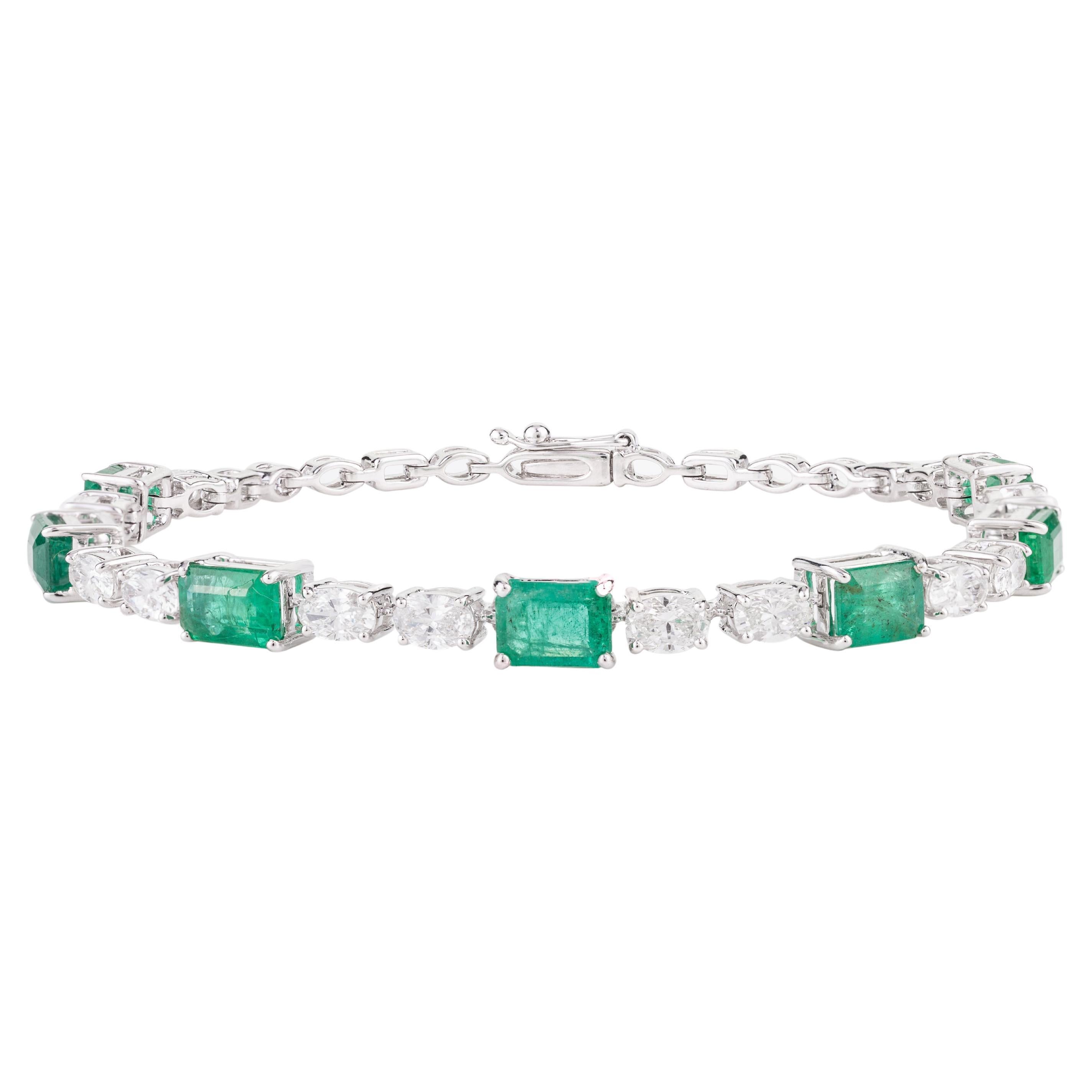 4.11 CTW Emerald and 2.24 CTW Diamond Tennis Bracelet in 18K White Gold For Sale