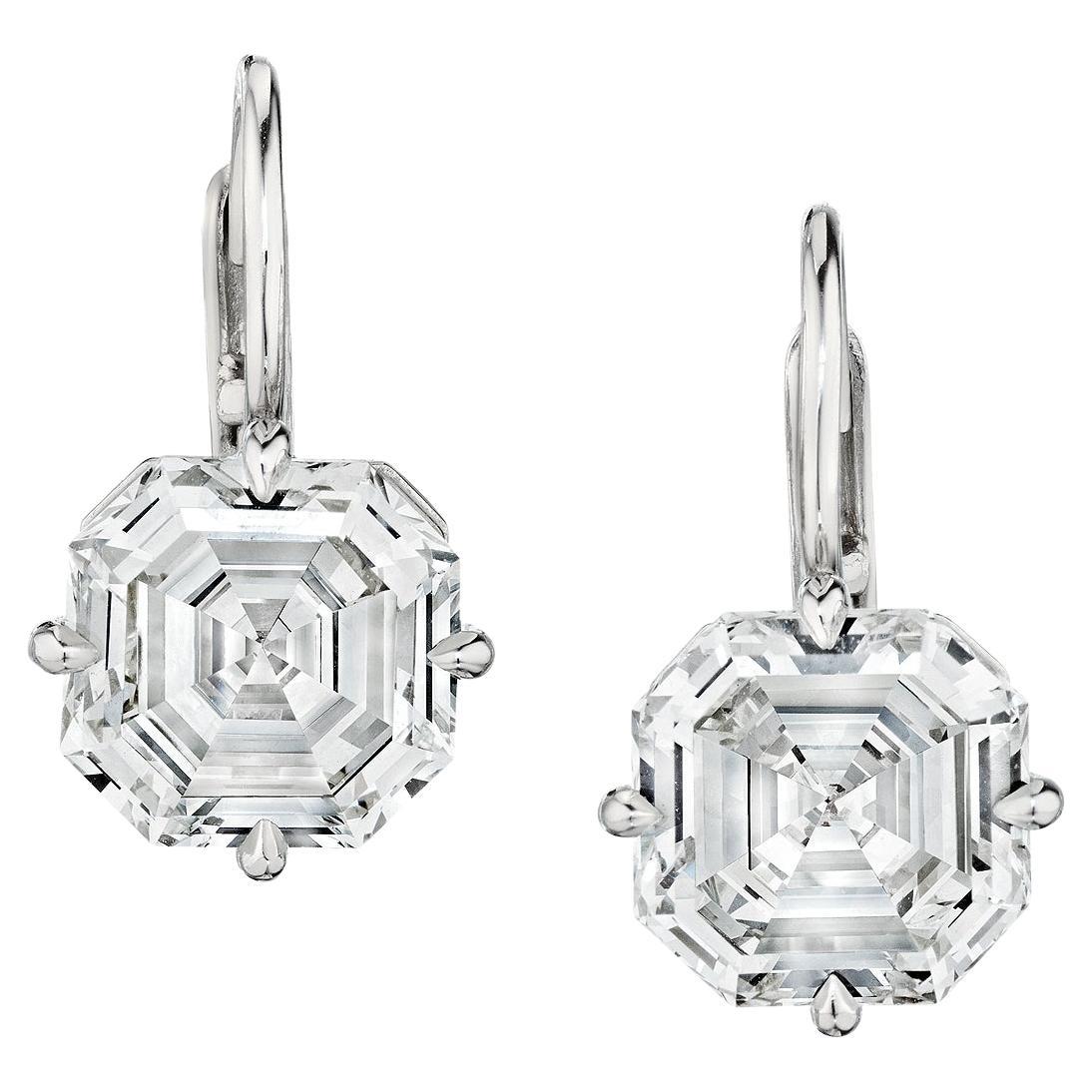 4.11 Cut-Cornered Square Step Cut Diamond Platinum Drop Earrings
