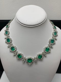 41.12 Carat Oval Cut Emerald and Diamond Necklace in Platinum