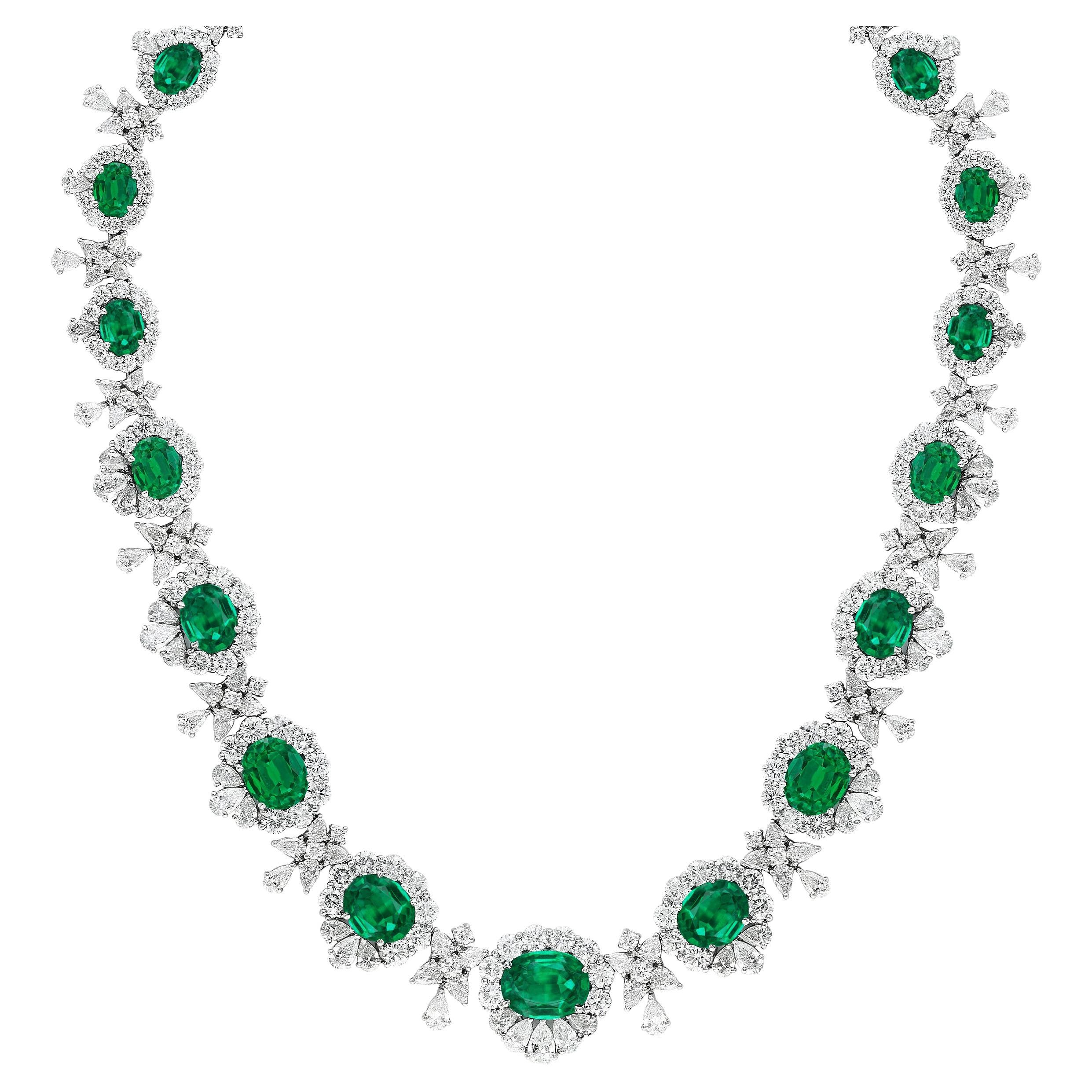 41.12 Carat Oval Cut Emerald and Diamond Necklace in Platinum
