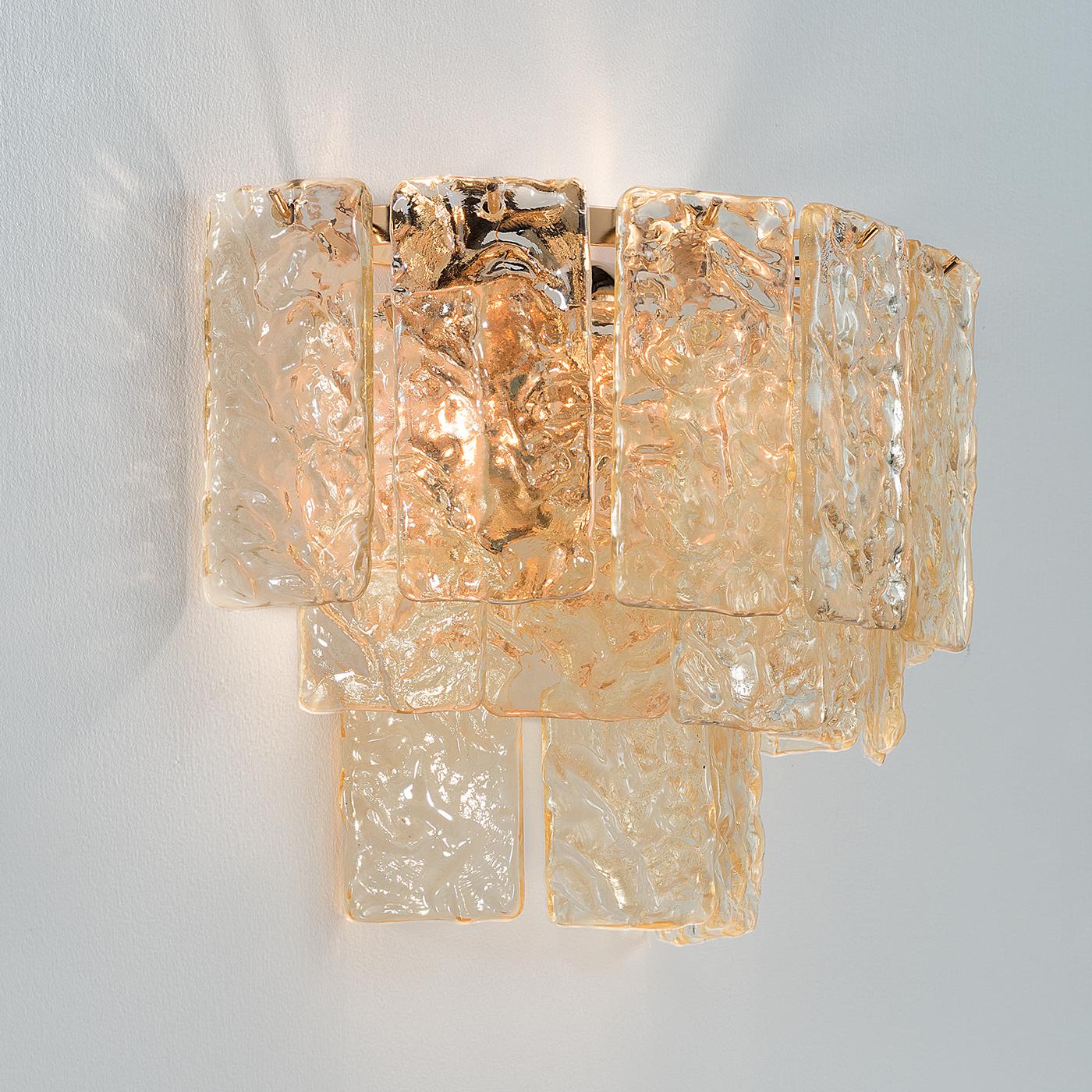With a spectacular design featuring multiple rectangles of colored hammered glass, this stylish Wall Lamp brings an element of class and creativity to any modern style living space. With the structure finished in chrome or 24-karat gold, the