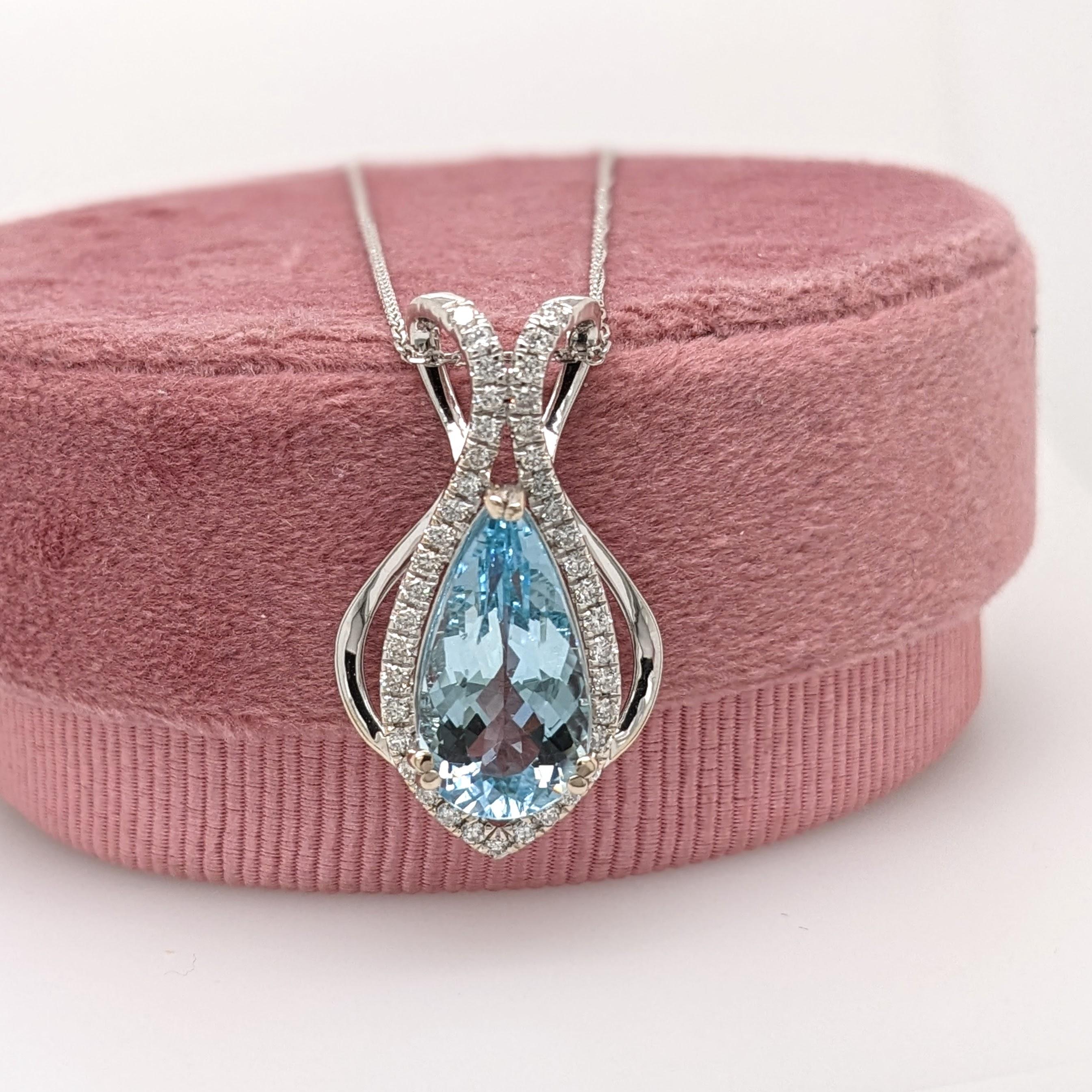 4.11ct Aquamarine Pendant w Diamond Halo in Solid 14k Gold Pear Shape 16x8.5mm For Sale 1