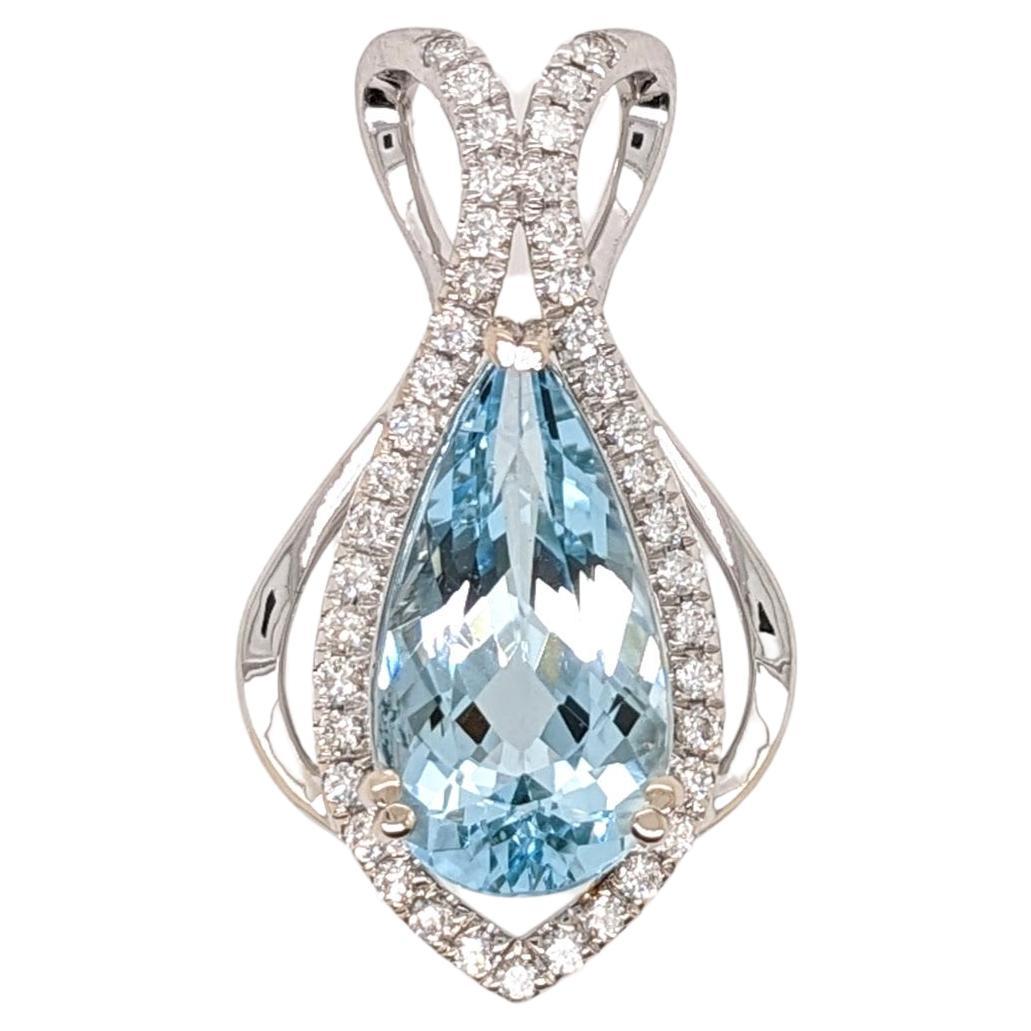 4.11ct Aquamarine Pendant w Diamond Halo in Solid 14k Gold Pear Shape 16x8.5mm For Sale