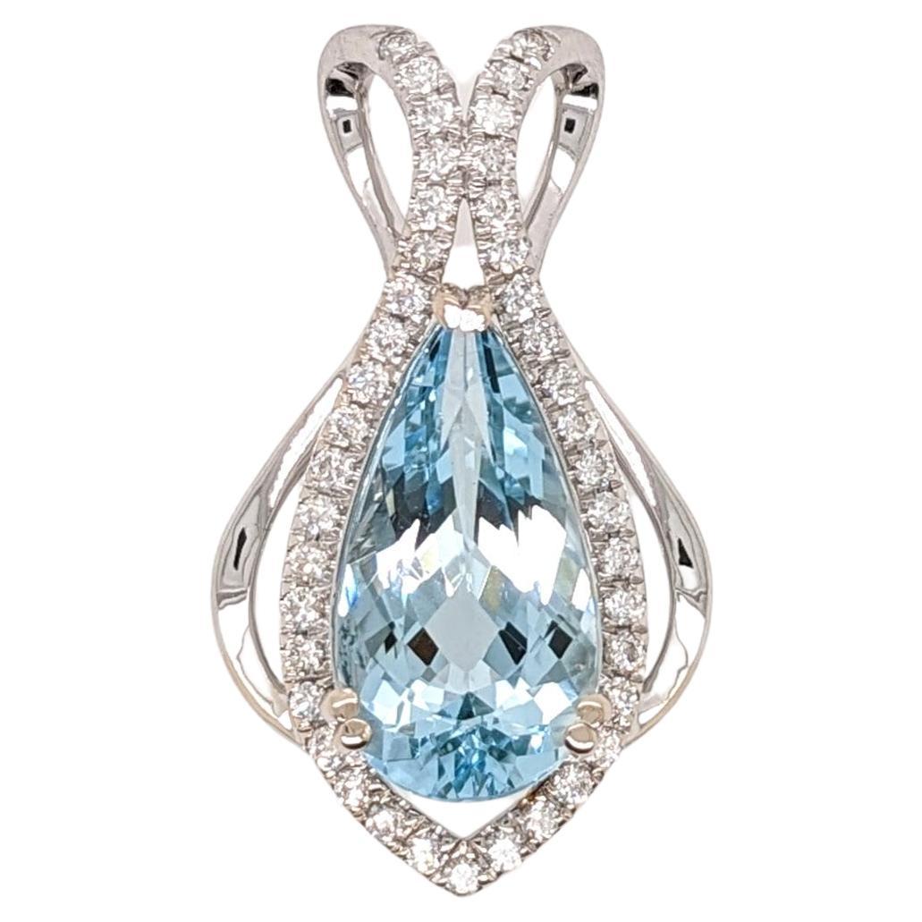 4.11ct Aquamarine Pendant w Diamond Halo in Solid 14k Gold Pear Shape 16x8.5mm