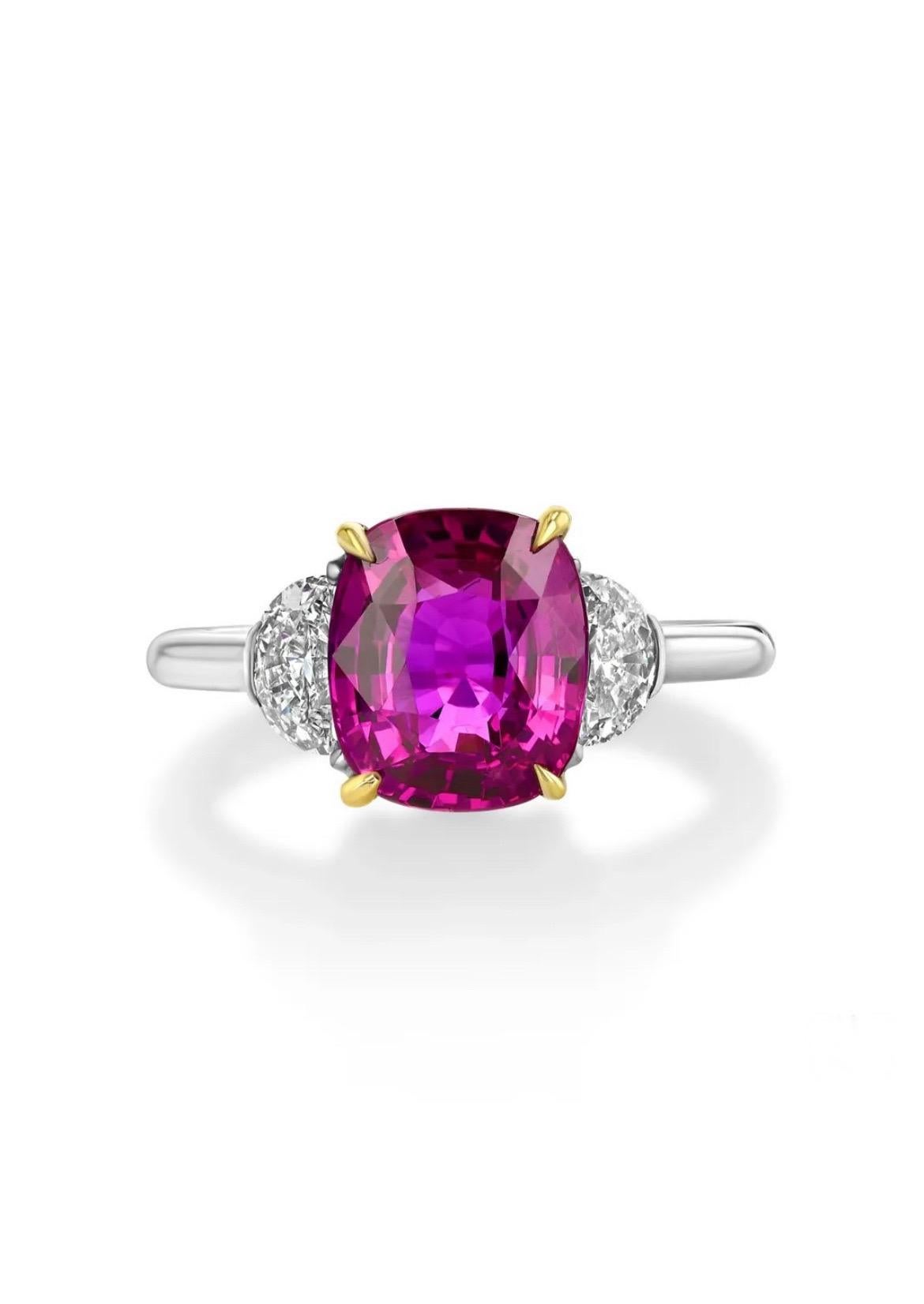 Modern 4.11 carat cushion-cut, untreated Mozambique Ruby ring. AGL certified.  For Sale
